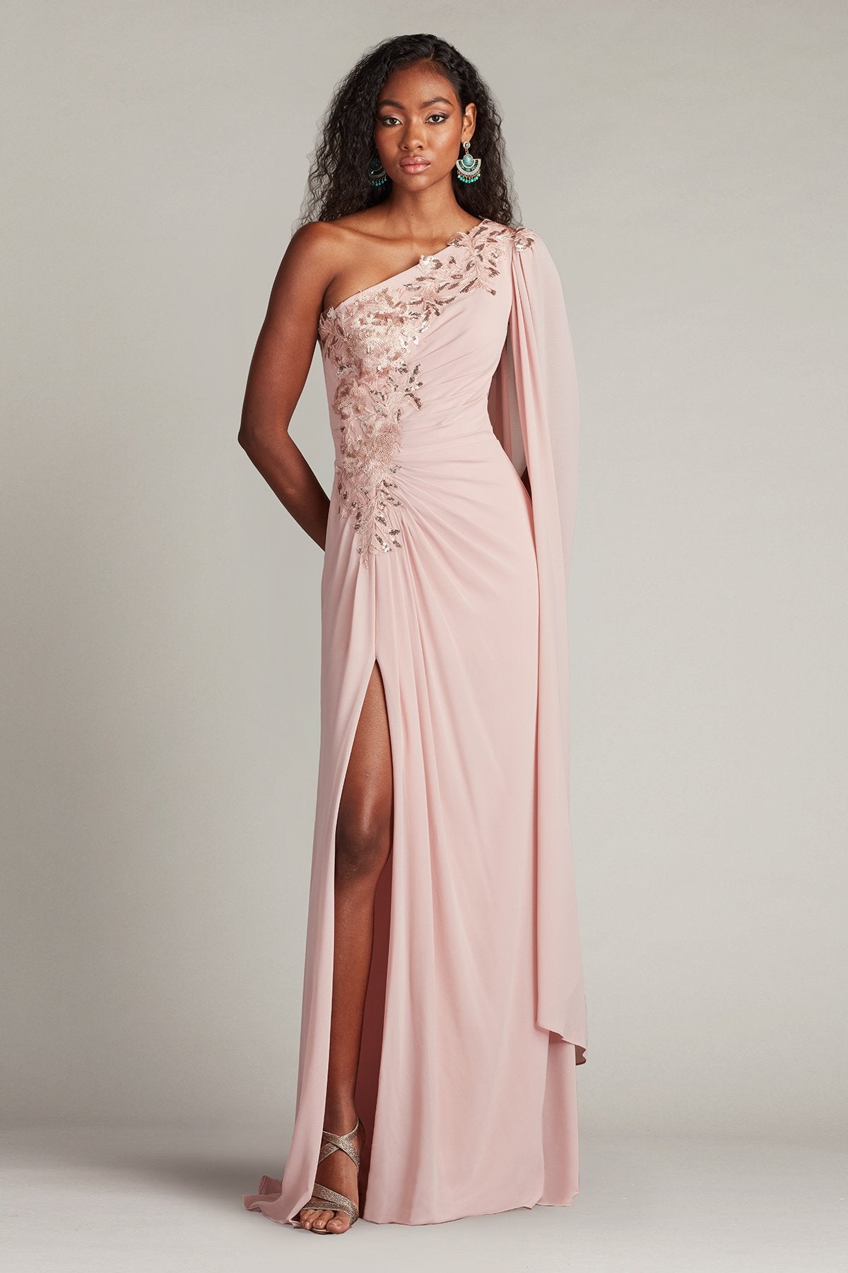 Adobe Blush Tadashi Shoji CHS25368L Long Formal Slit Prom Dress