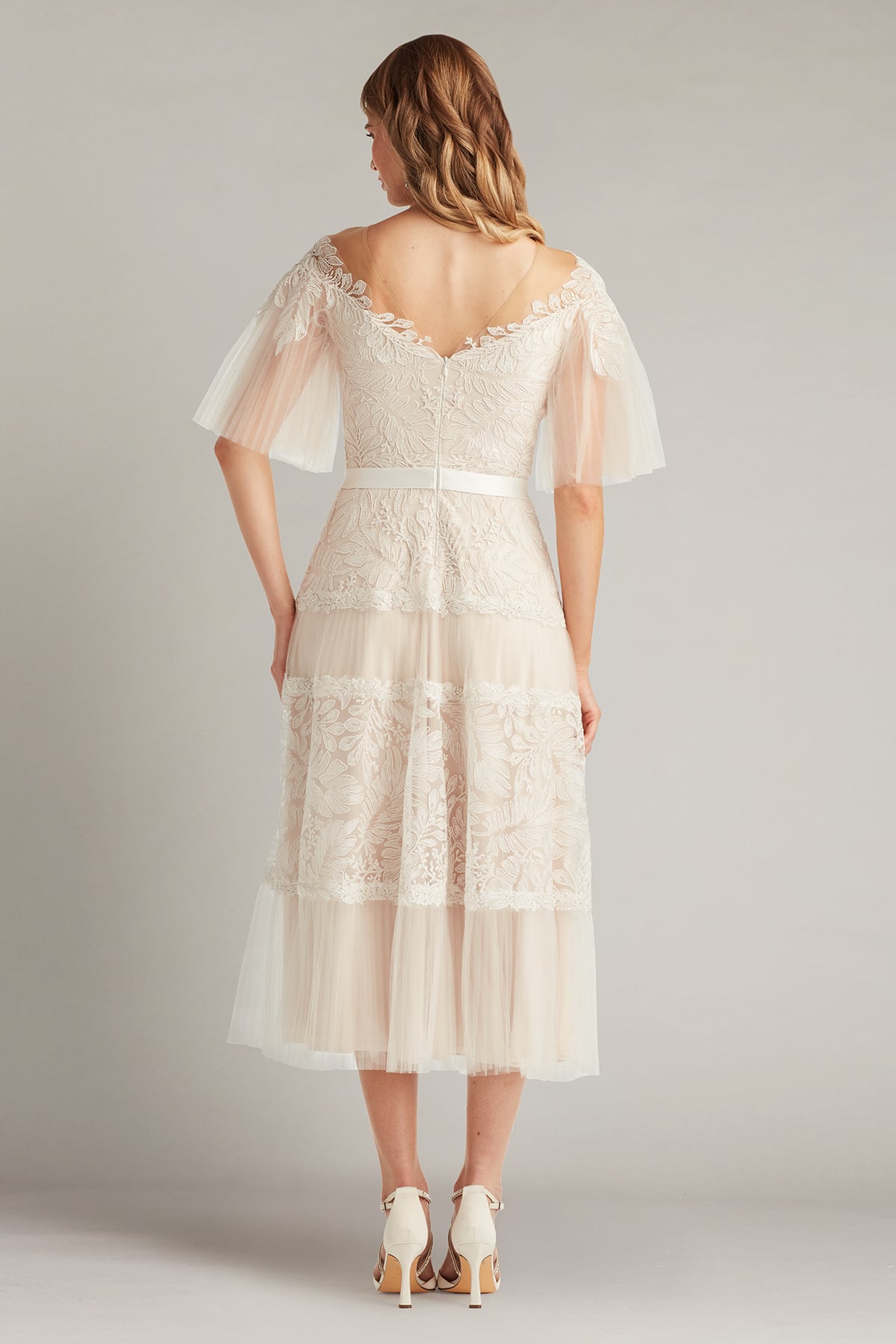 Ivory/Petal Plunging V-Neck Tea-Length Tulle Bridal Dress with Flutter Sleeves Tadashi Shoji CHU25419MDX