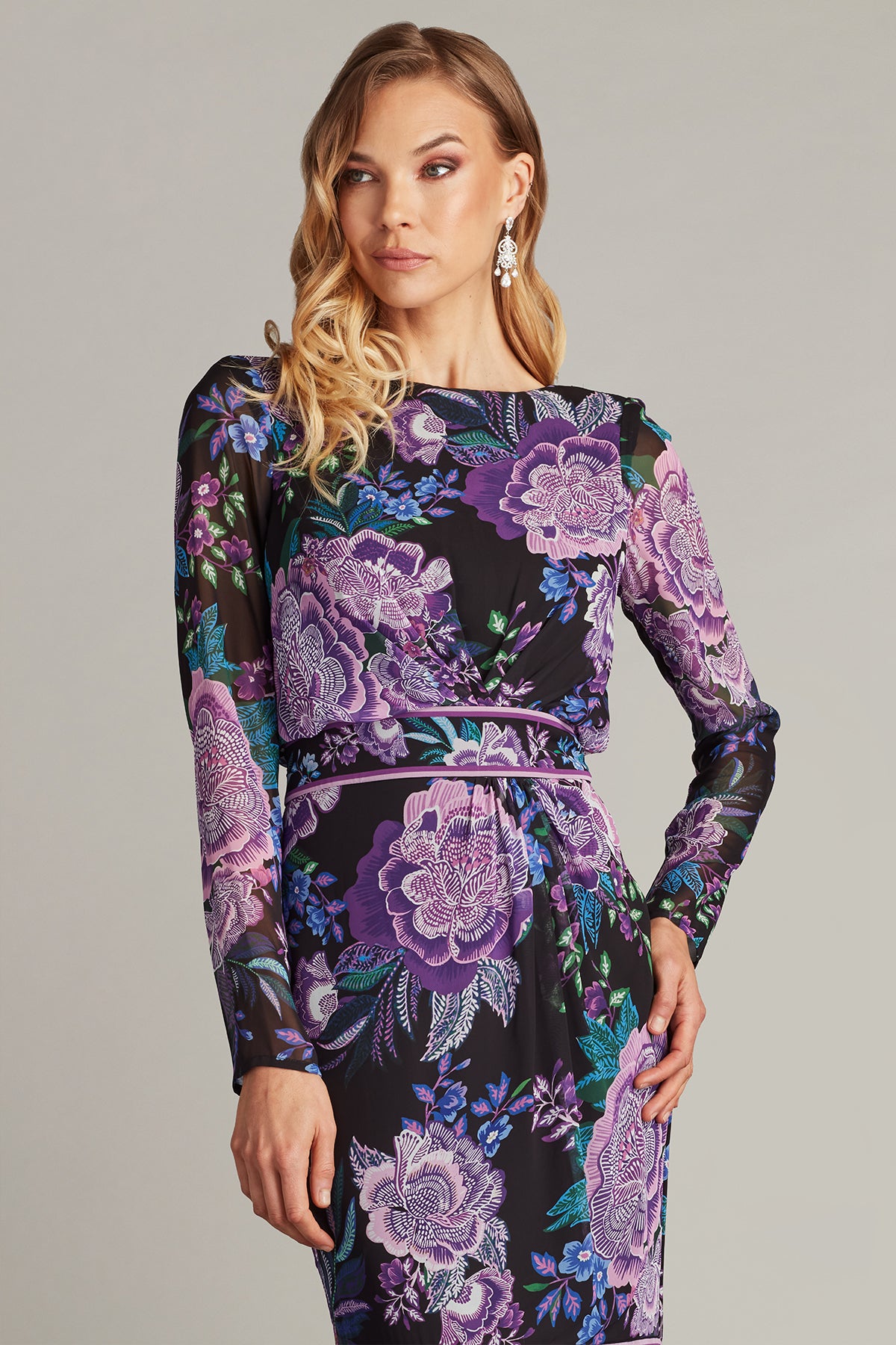 Tadashi Shoji CHZ25451M Midi Length Fringe Floral Fitted Cocktail Dress