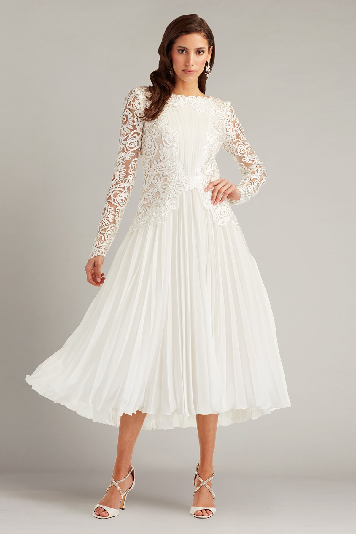 Ivory/Petal Jewel Tea-Length Chiffon Bridal Dress with Lace Long Sleeves Tadashi Shoji CIM24578MDBR