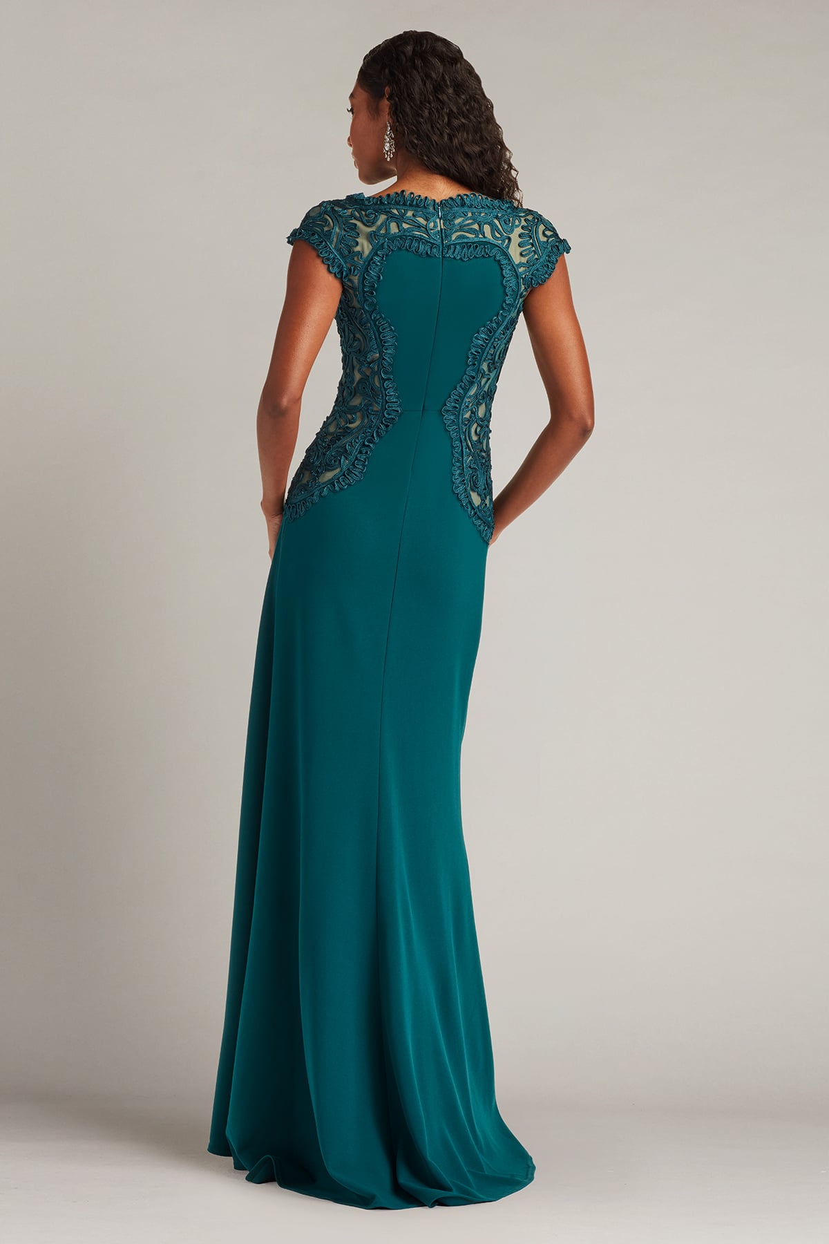 Tea Leaf Illusion Bateau Floor-Length Crepe Formal Gown with Side Slit and Lace Applique Tadashi Shoji CIM24581L