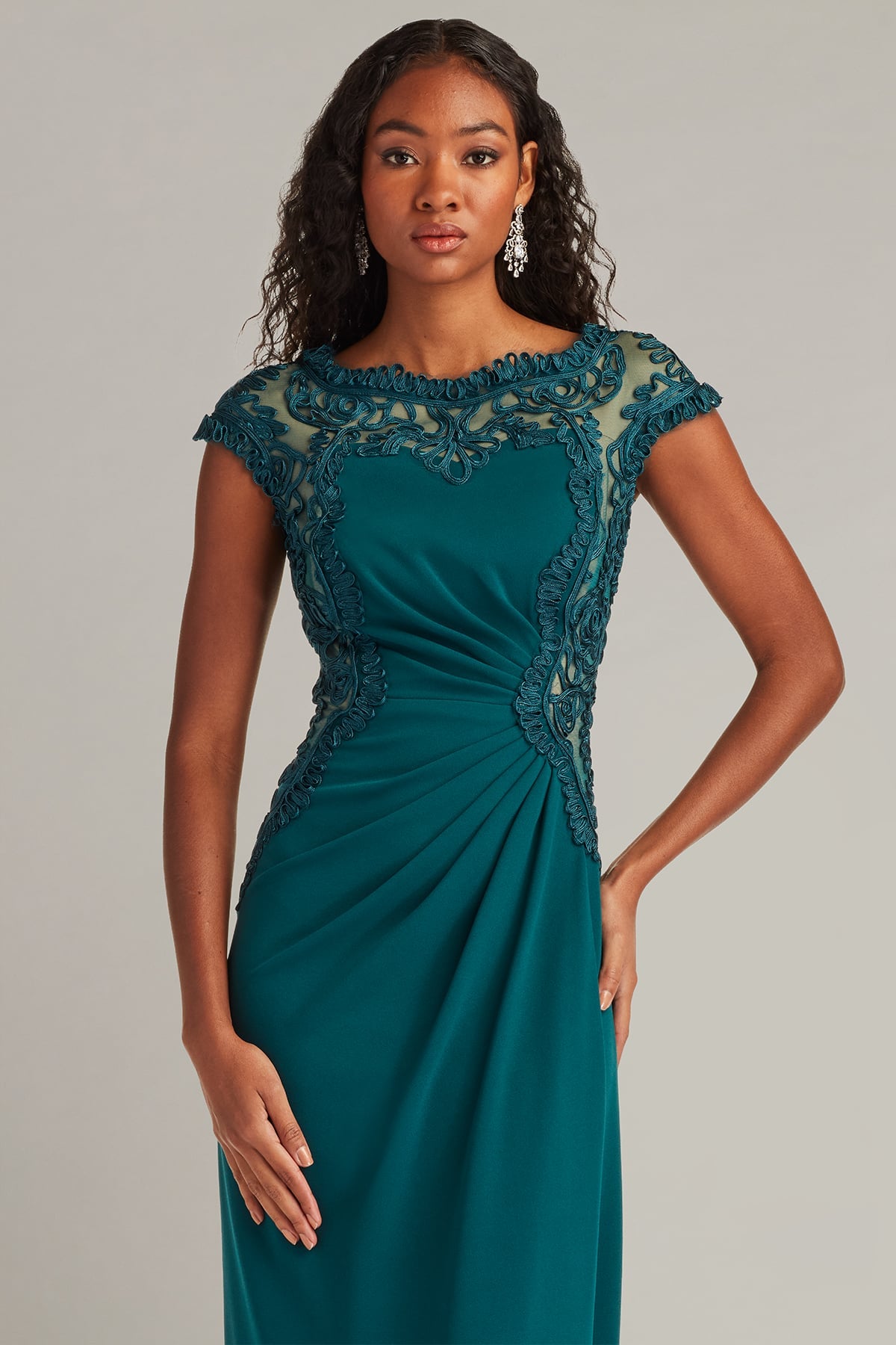 Tea Leaf Illusion Bateau Floor-Length Crepe Formal Gown with Side Slit and Lace Applique Tadashi Shoji CIM24581L