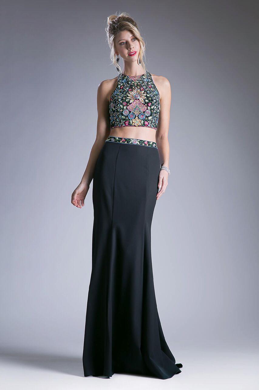 Long Halter Prom Two Piece Floral Formal Dress Black