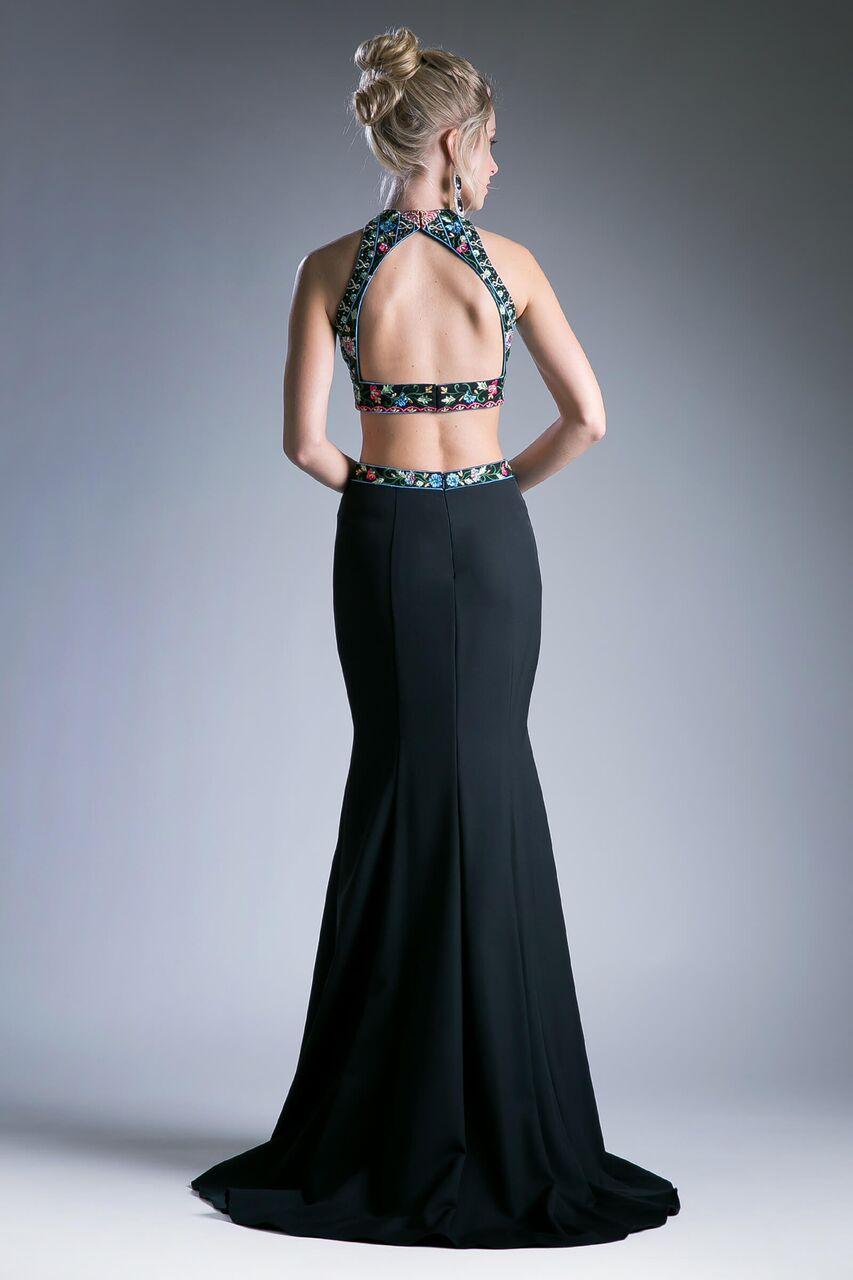 Long Halter Prom Two Piece Floral Formal Dress Black