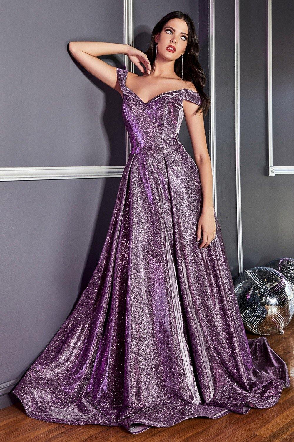 Long Off Shoulder Prom Glitter Metallic Ball Gown - The Dress Outlet