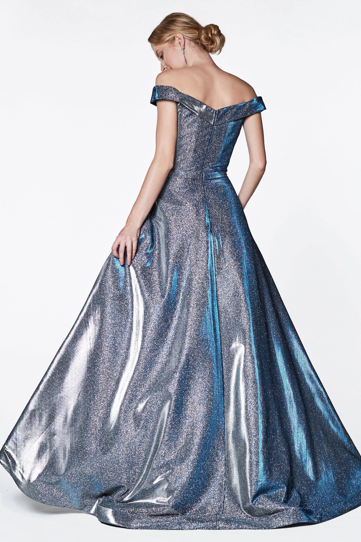 Long Off Shoulder Prom Glitter Metallic Ball Gown - The Dress Outlet