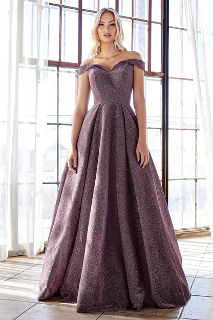Long Formal Off Shoulder Glitter Prom Ball Gown - The Dress Outlet Cinderella Divine