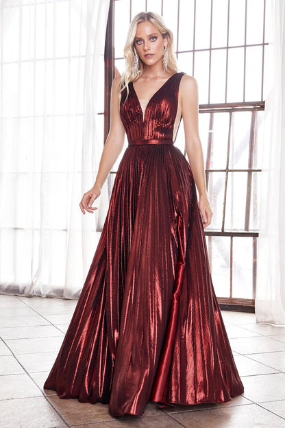 Long Formal Metallic Pleated Prom Dress - The Dress Outlet Cinderella Divine