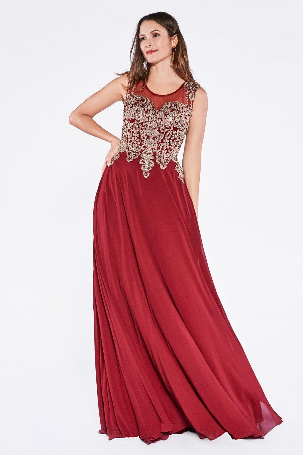 Long Jewel Embellished Formal Prom Gown Burgundy Gold