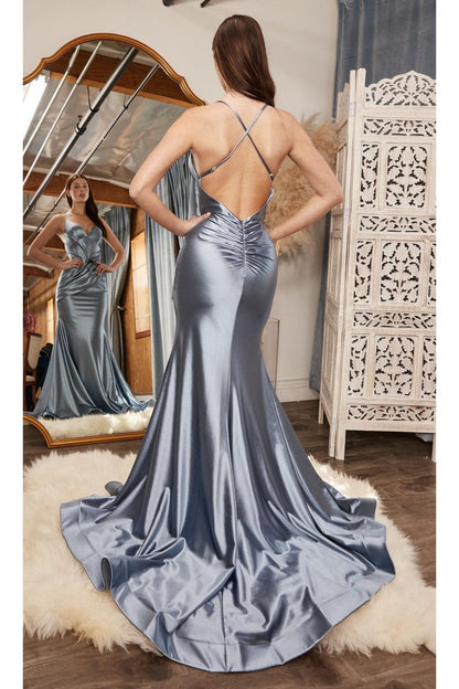 Long Satin Fitted Prom Formal Dress Dusty Blue