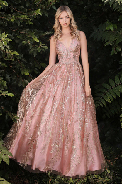 Floral Glitter Long Prom Dress Rose Gold