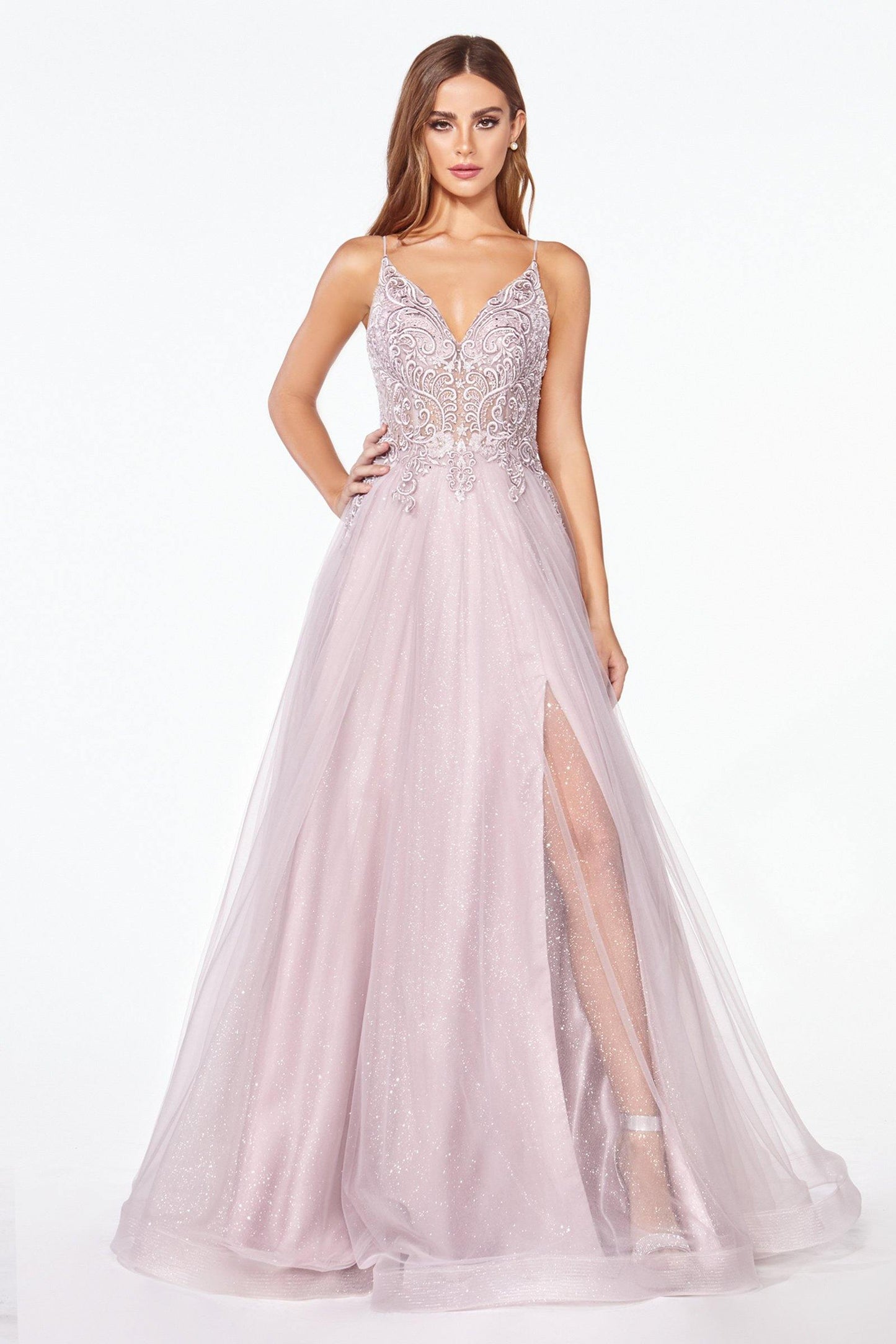 Long Prom Glitter Spaghetti Strap Formal Dress - The Dress Outlet Cinderella Divine