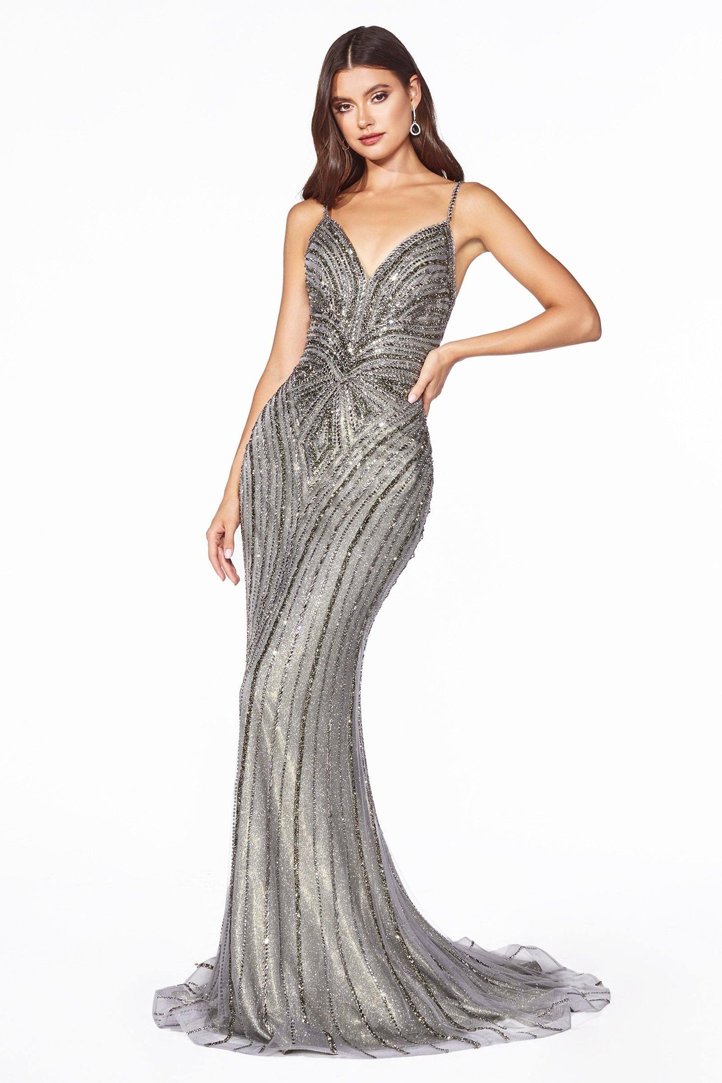 Long Formal Fitted Metallic V-Neck Prom Dress - The Dress Outlet Cinderella Divine