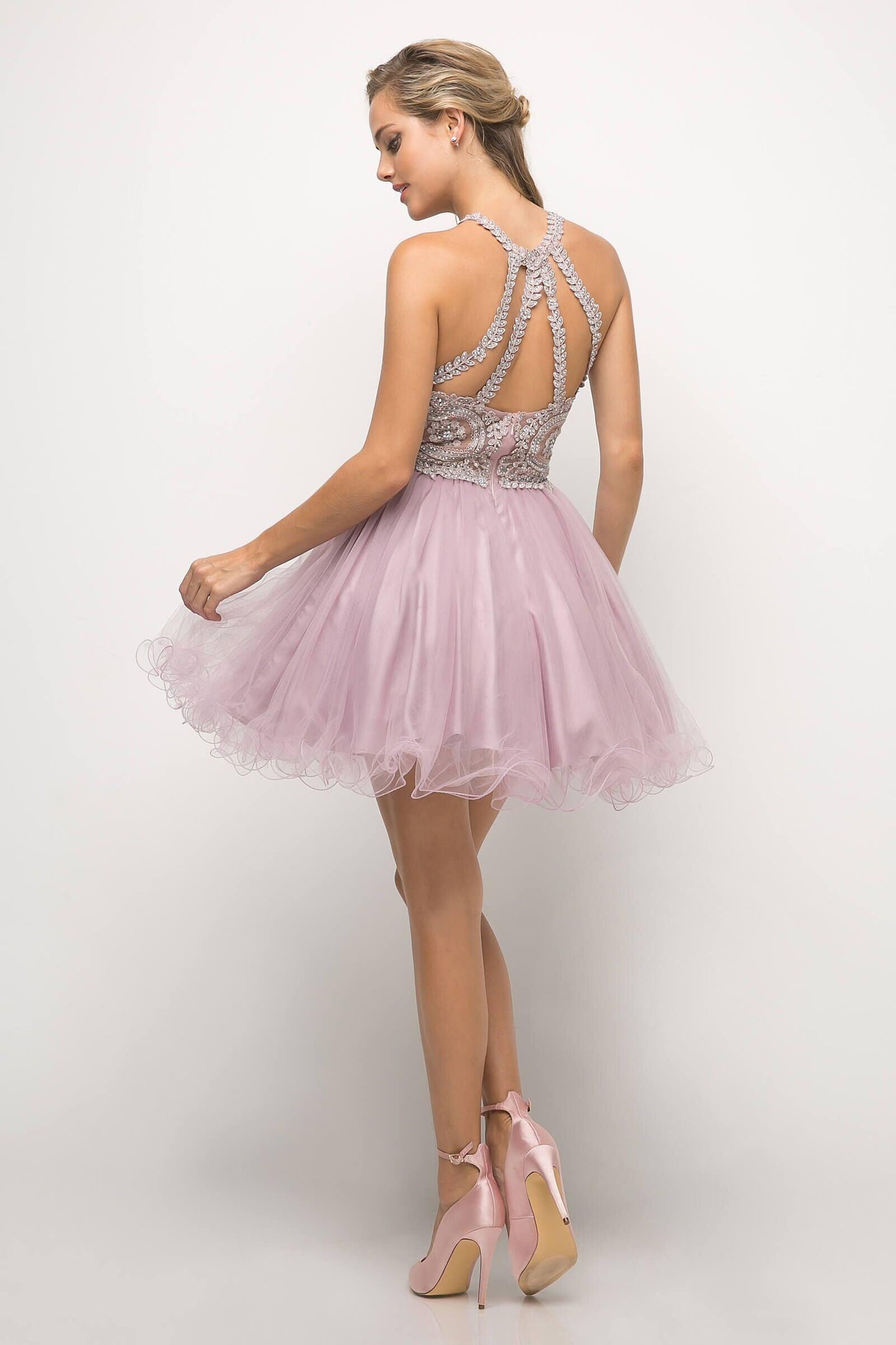 Short Prom Halter Lace Bodice Homecoming Dress - The Dress Outlet Cinderella Divine