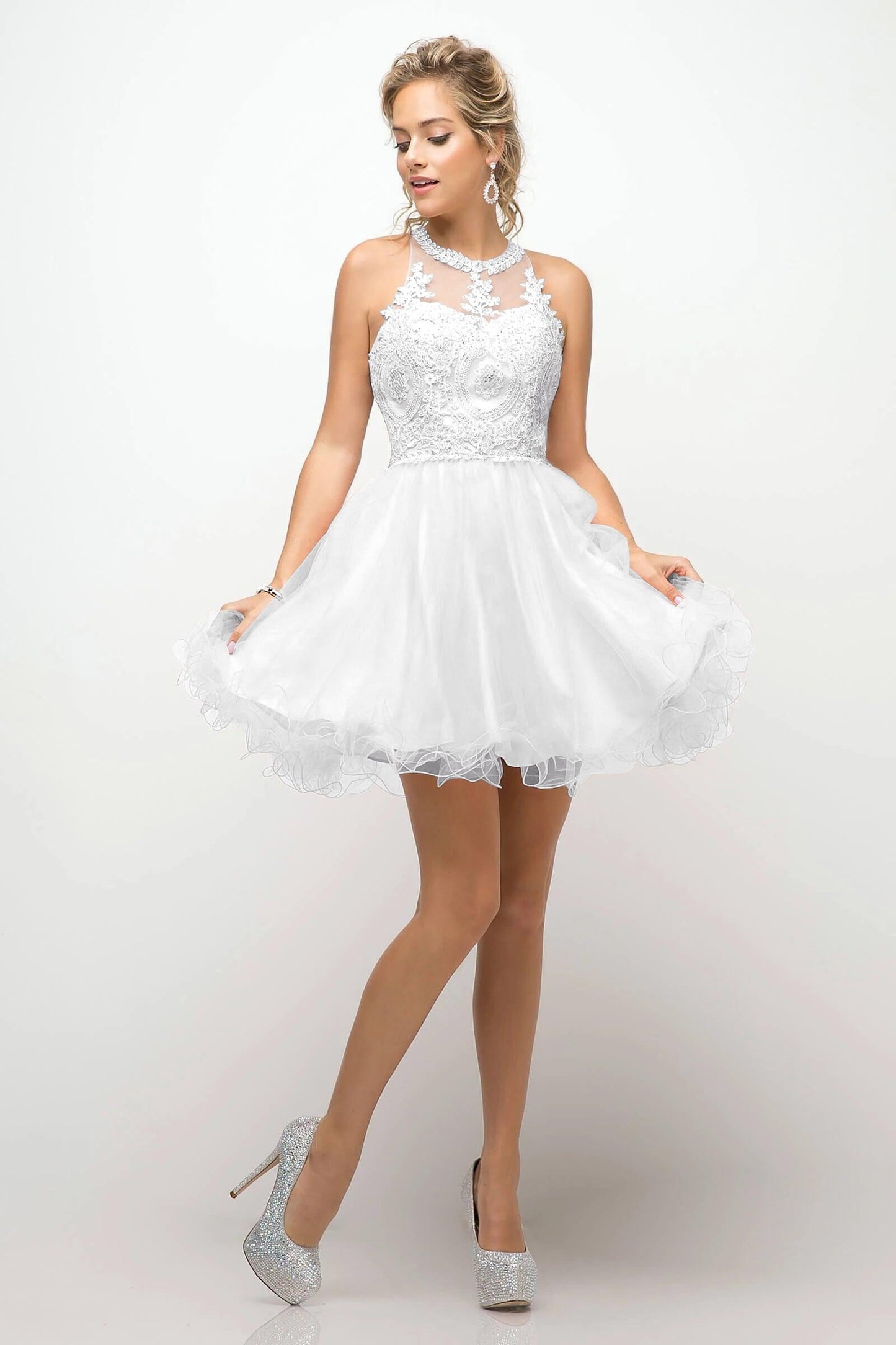 Short Prom Halter Lace Bodice Homecoming Dress - The Dress Outlet Cinderella Divine