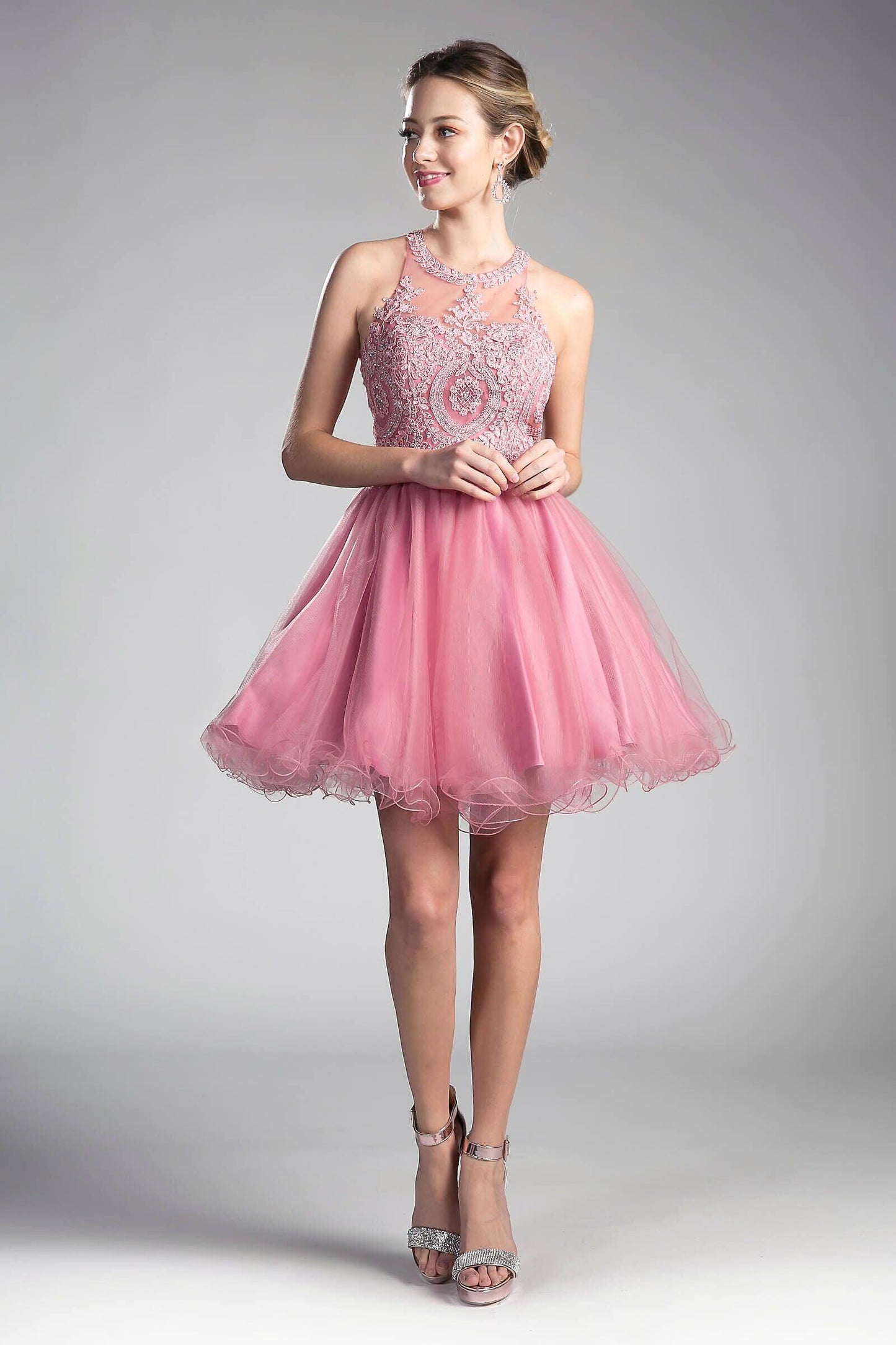 Short Prom Halter Lace Bodice Homecoming Dress - The Dress Outlet Cinderella Divine