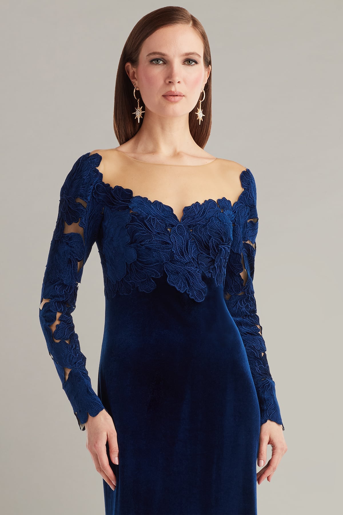 Formal Dresses Lace Applique Velvet Long Formal Dress Navy