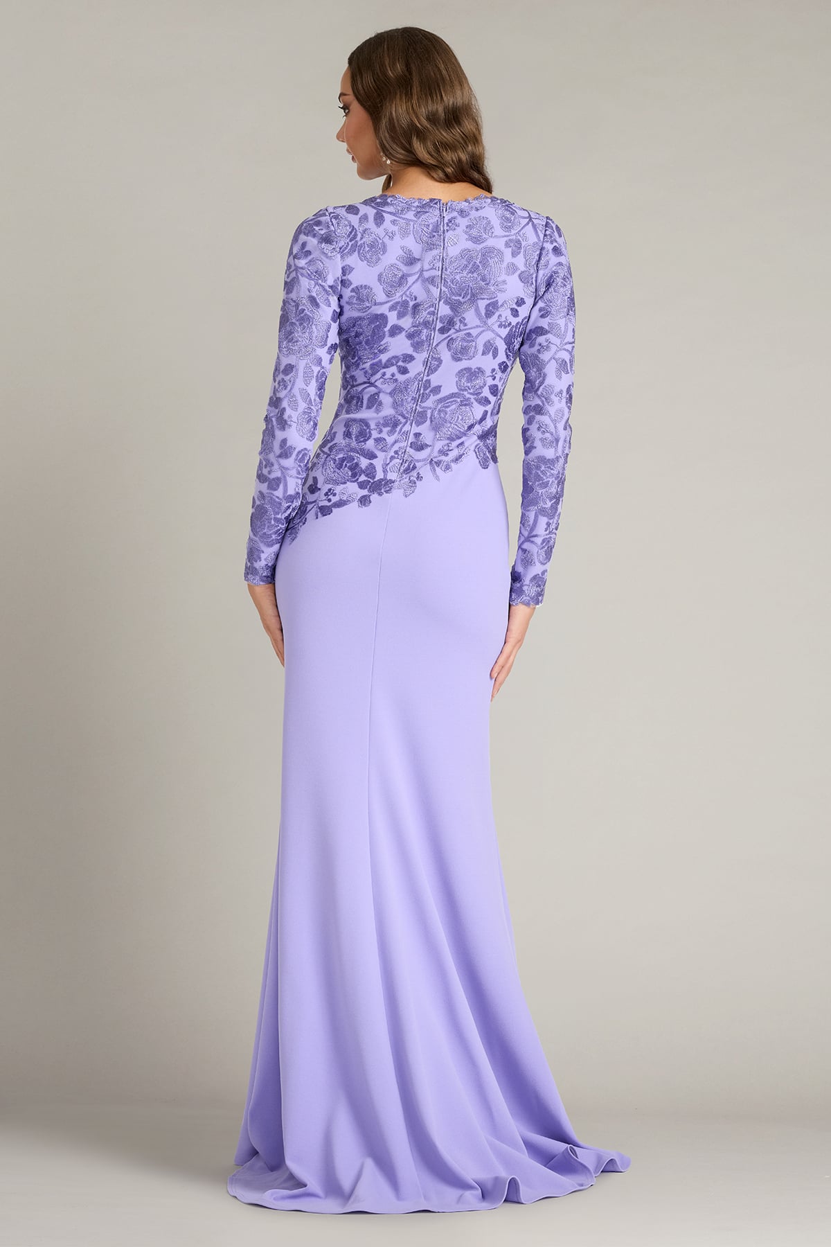 Lavender Mist Jewel Floor-Length Scuba Mother of the Bride Gown with Lace Long Sleeves Tadashi Shoji CJH16206LXY