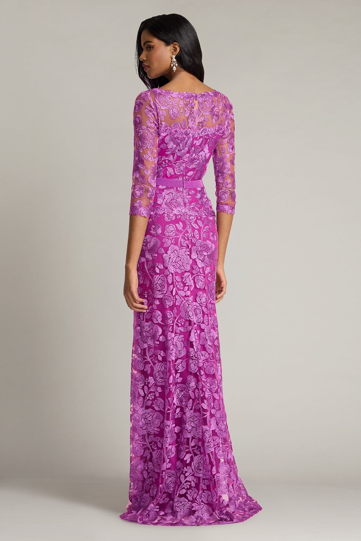 Magenta Bateau Floor-Length Floral Lace Mother of the bride Dress with 3/4 Sleeves and Ribbon Waistband Tadashi Shoji CJH24130L