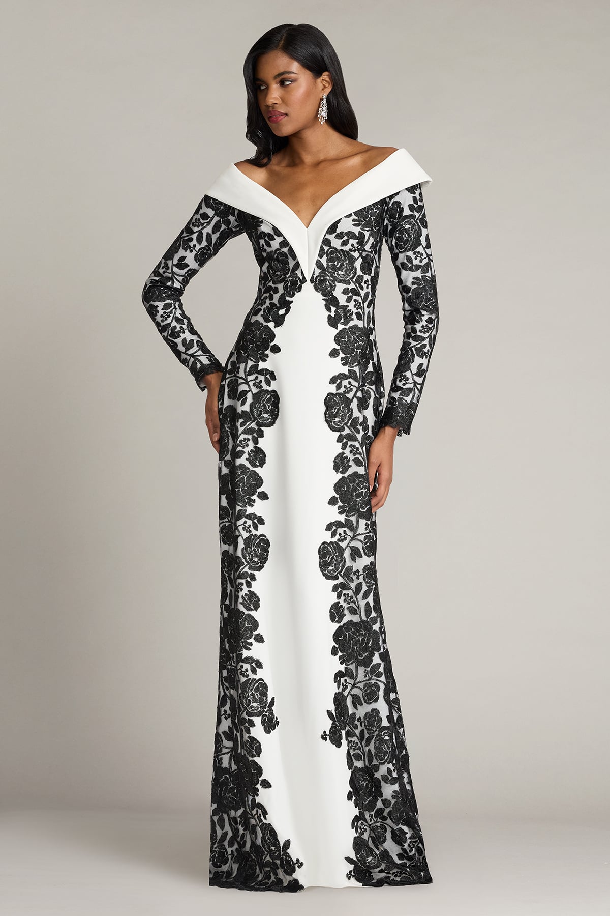 Mother of the Bride Dresses Long Sleeve Floral Formal Mother of the Bride Dress Tadashi Shoji CJH26120L Black/Ivory