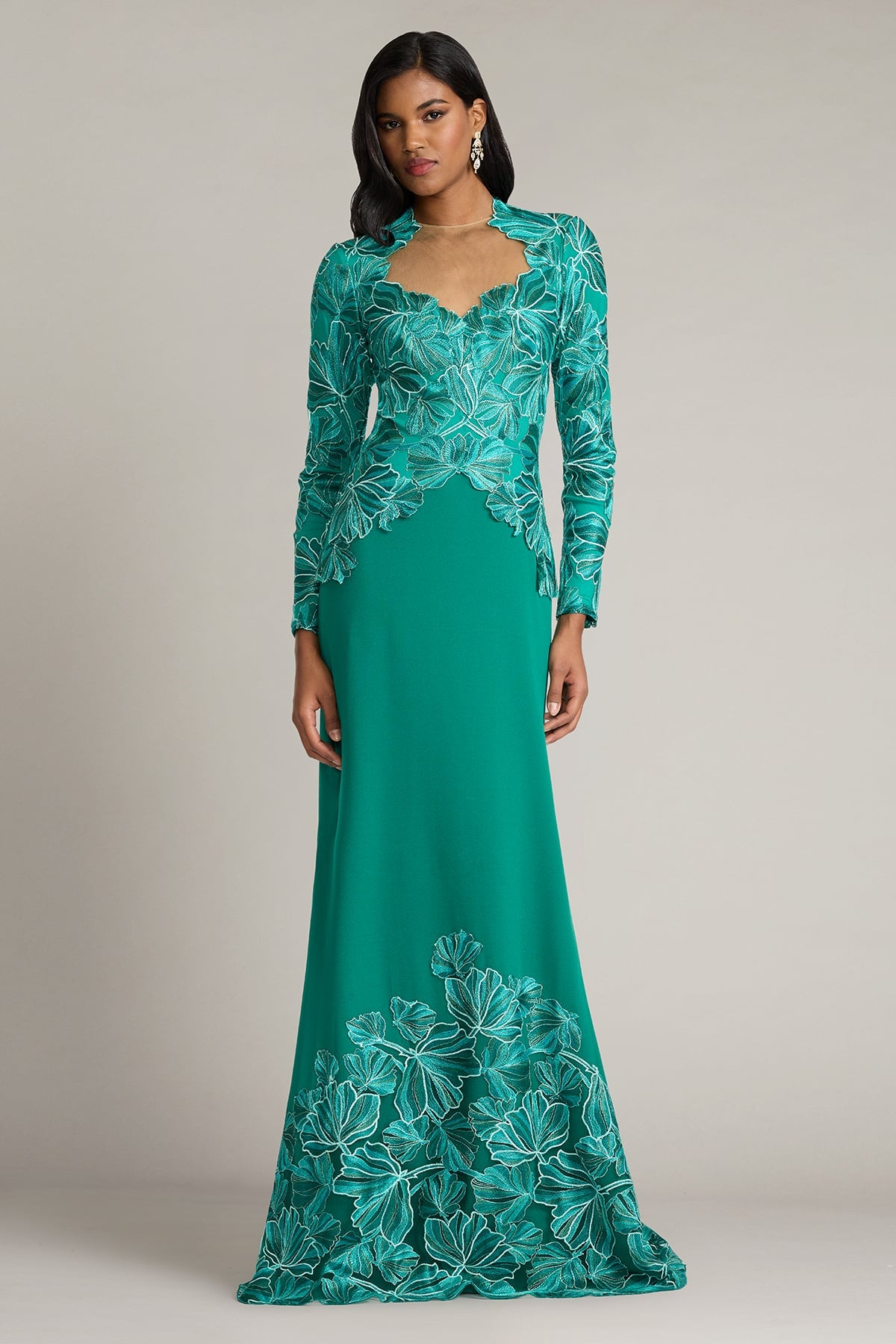 Mother of the Bride Dresses Long Sleeve Floral Lace Formal Mother of the Bride Dress Tadashi Shoji CJJ26210L Emerald