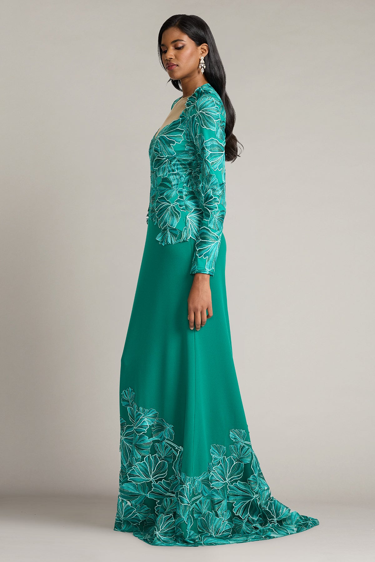 Mother of the Bride Dresses Long Sleeve Floral Lace Formal Mother of the Bride Dress Tadashi Shoji CJJ26210L Emerald