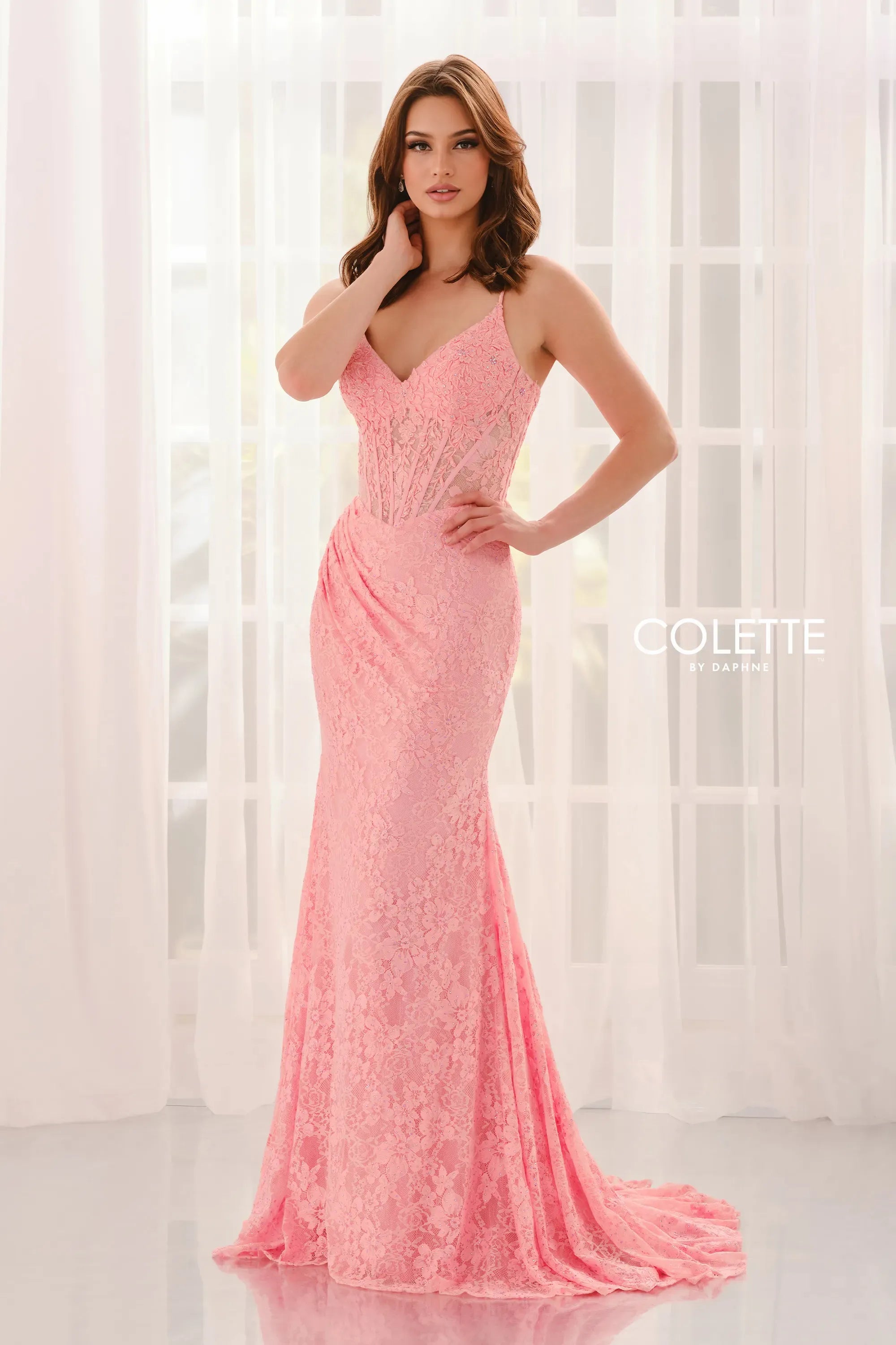 Prom Dresses Corset Lace Formal Long Prom Dress Coral Pink