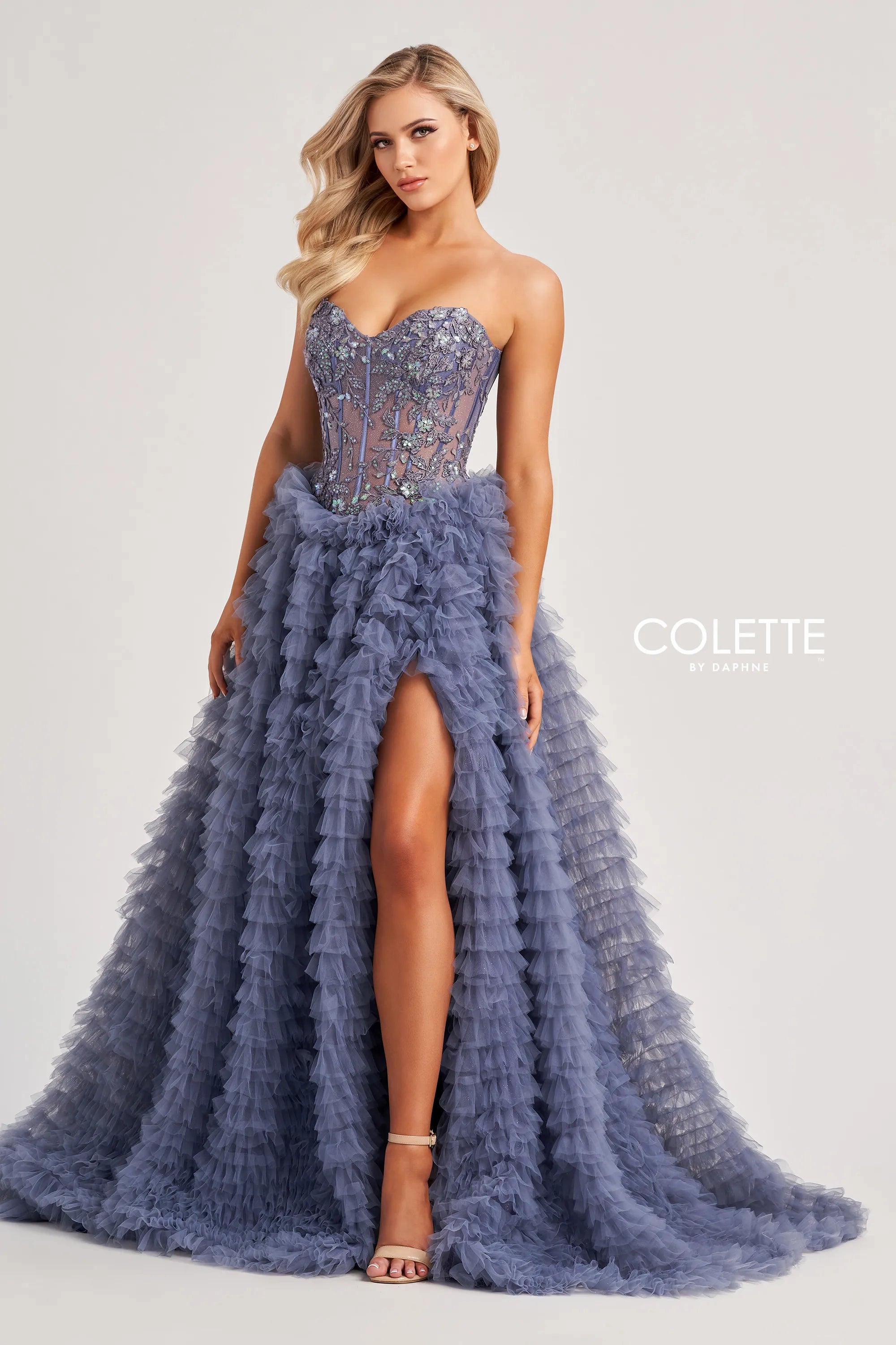 Prom Dresses Ball Gown Glitter Long Formal Sequin Prom Dress Steel Blue