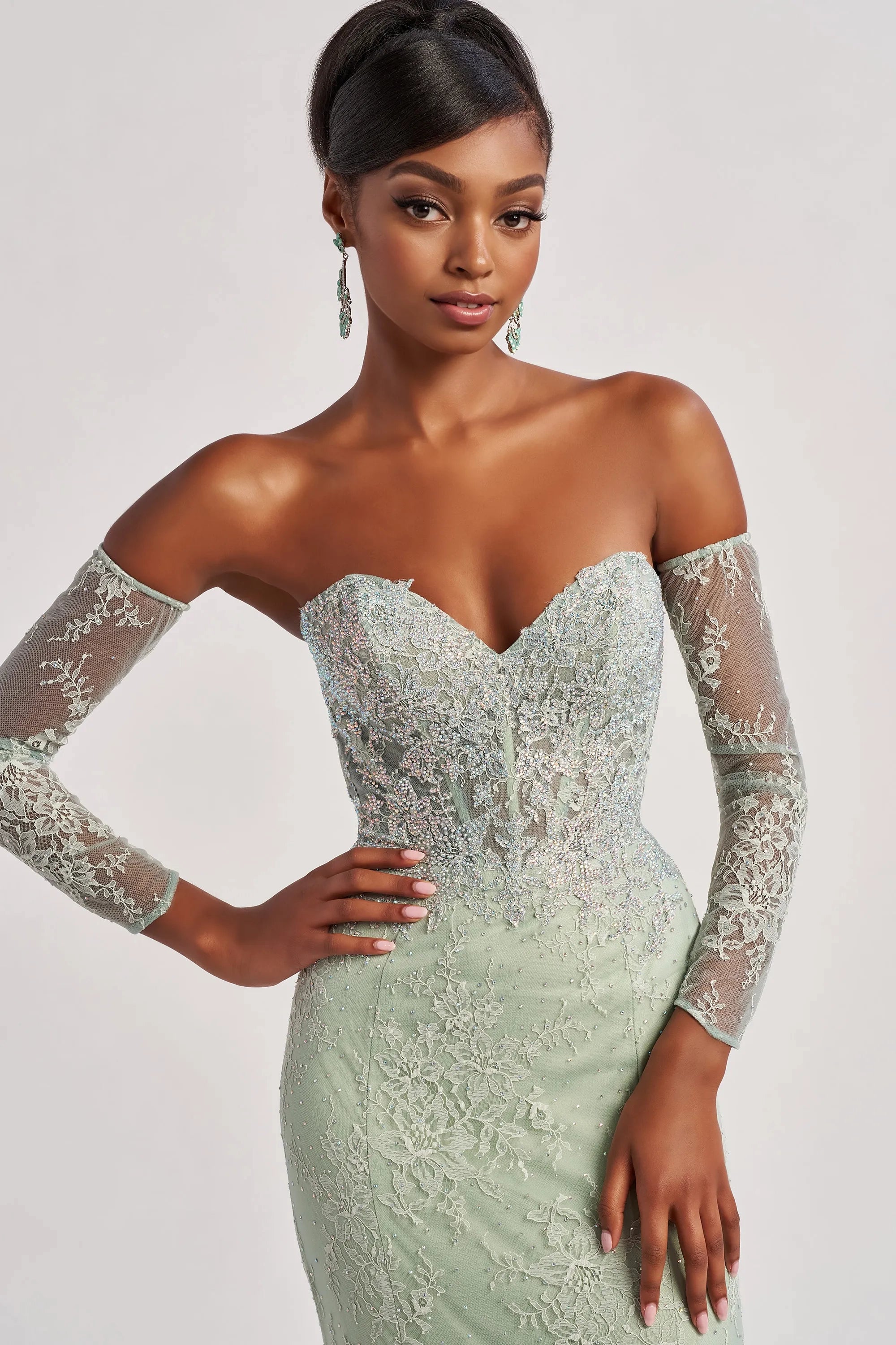 Prom Dresses Long Fit Lace Formal Evening Prom Dress Light Sage