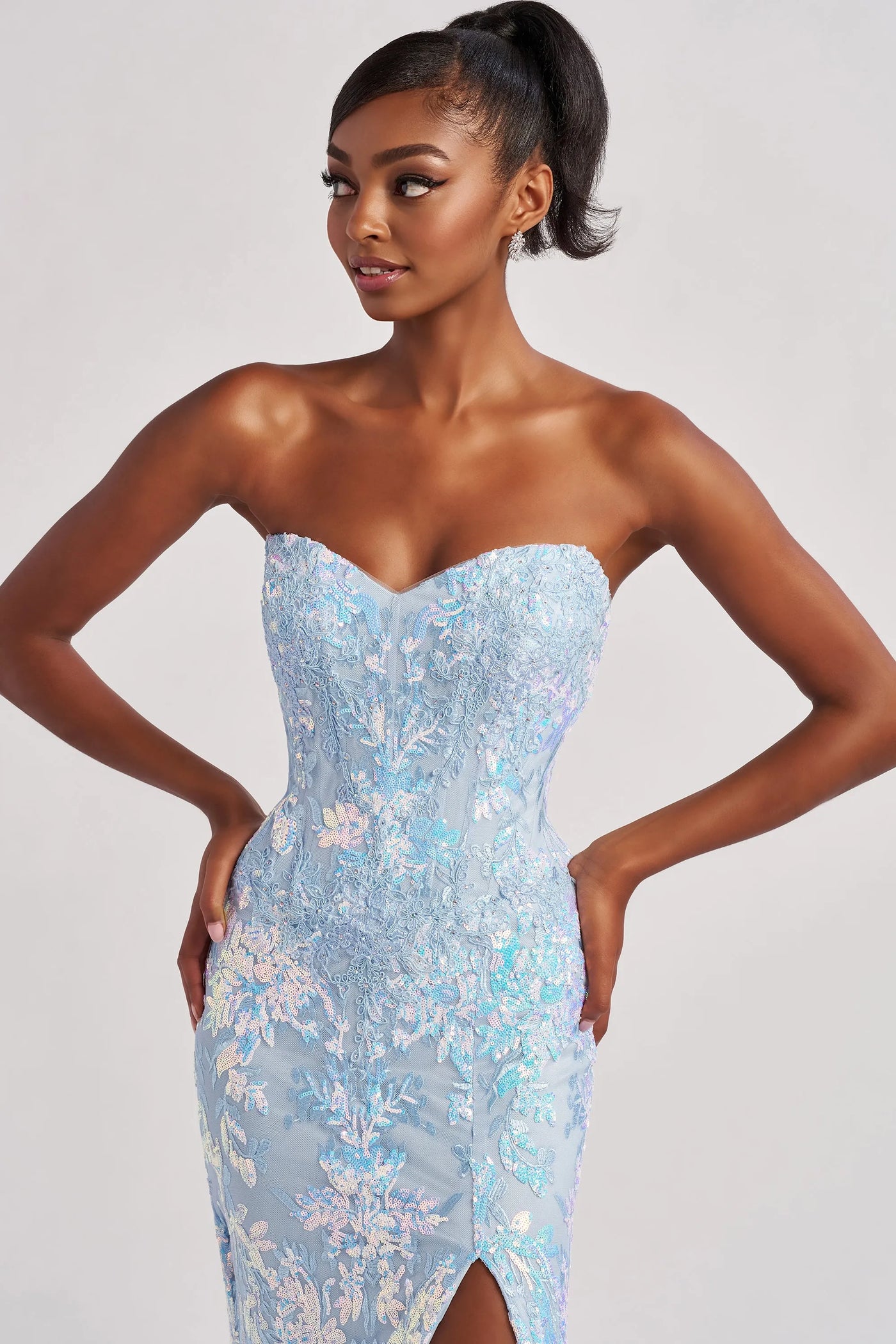 Prom Dresses Mermaid Long Sequin Lace Slit Formal Prom Dress Ice Blue