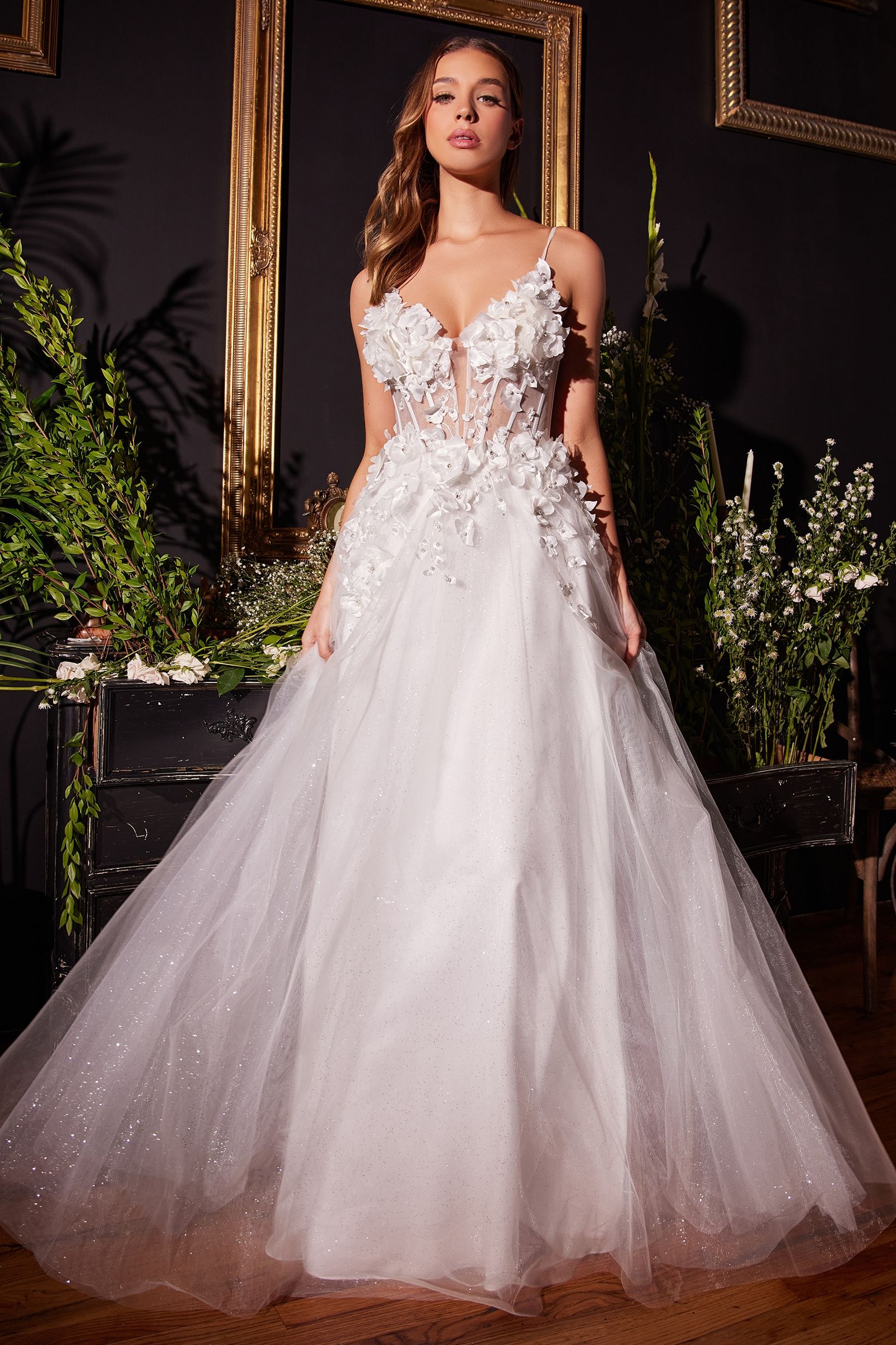 Wedding Dresses Long Floral Applique A Line Wedding Dress Off White