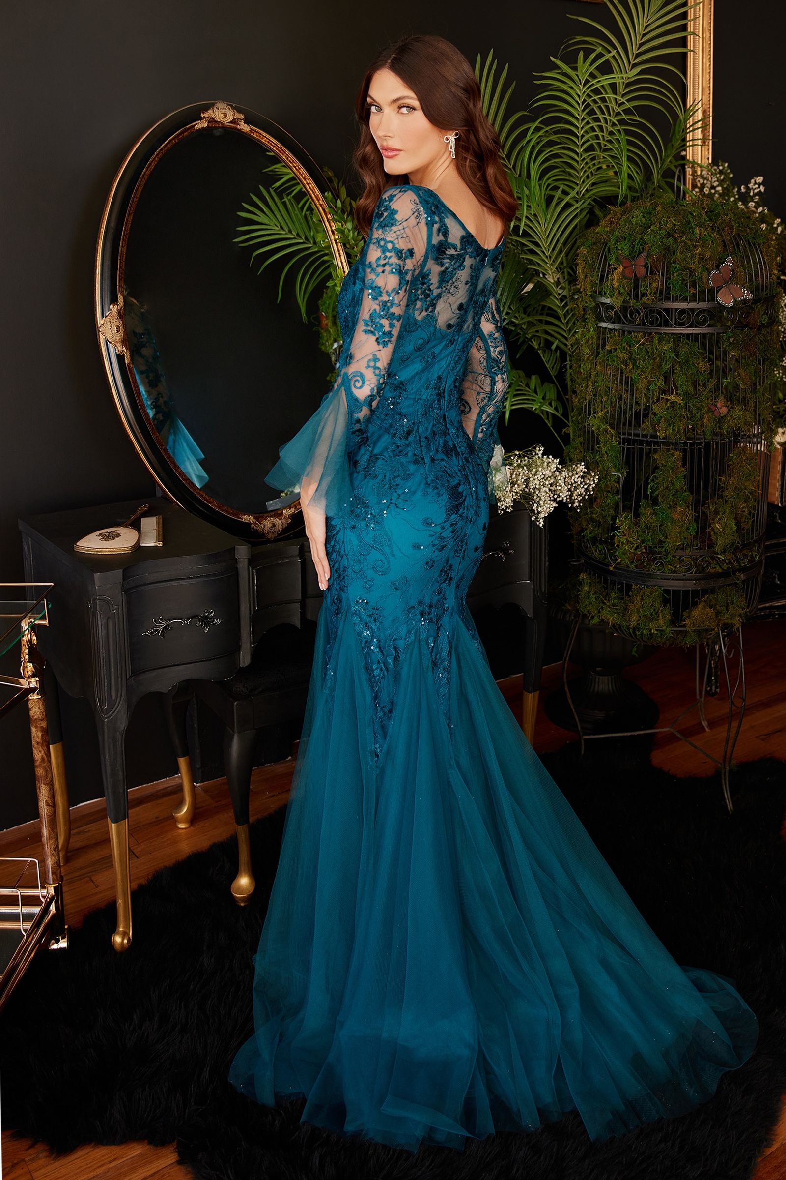 LaDivine CM327 Long Formal Dress in Peacock
