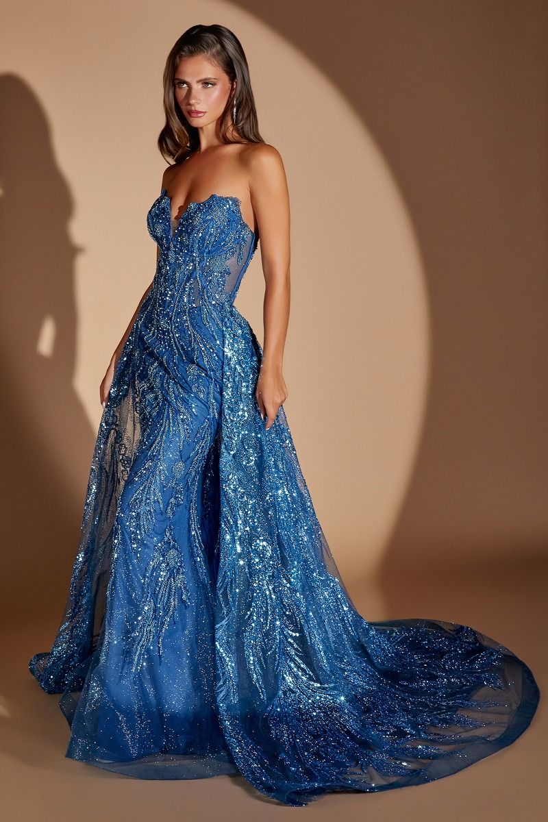 Blue Sweetheart Floor-Length Sequin Mesh Prom Mermaid Gown LaDivine CM393