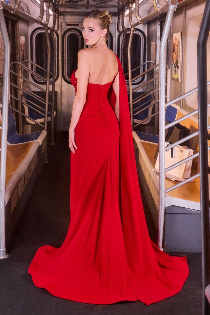 Prom Dresses Beaded Long Formal Cape Fitted Prom Dress Red