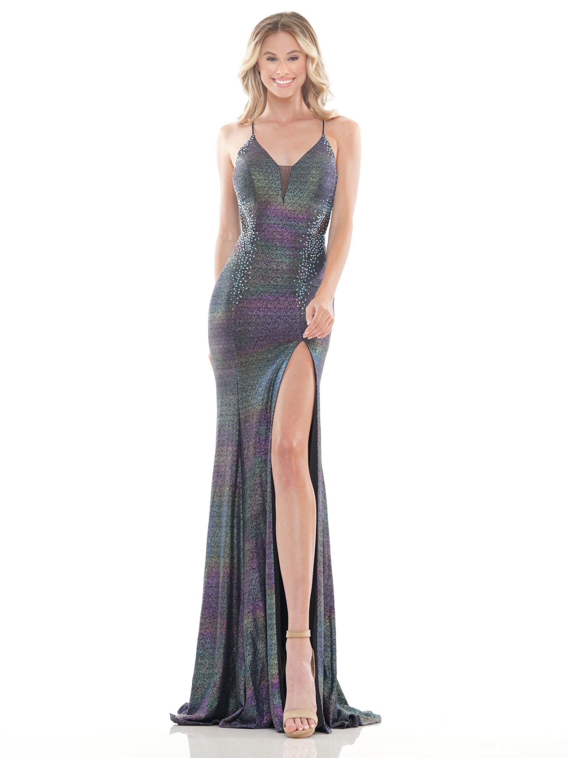Colors Long Spaghetti Strap Metallic Prom Gown 2669 - The Dress Outlet