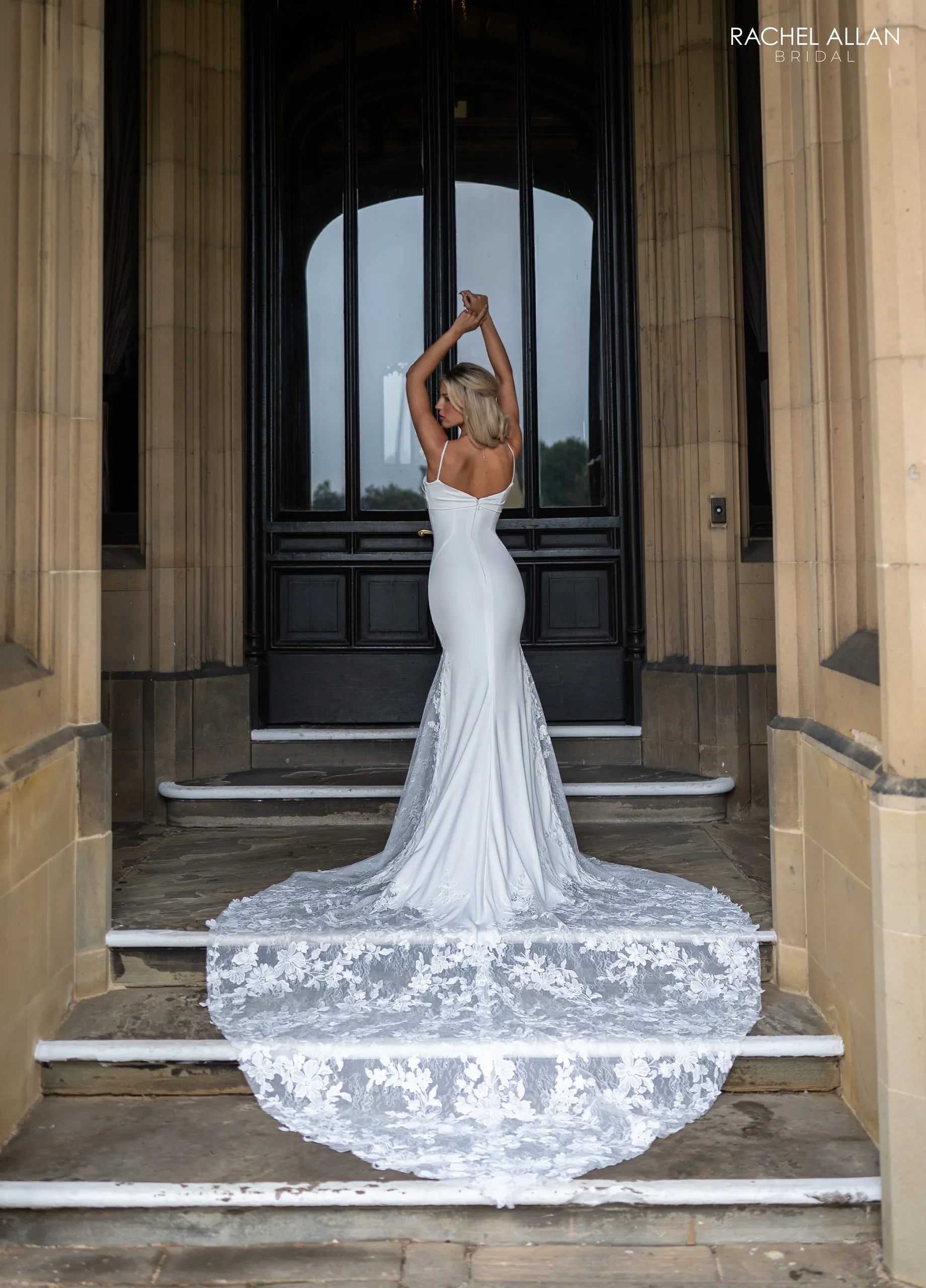 Ivory Square Floor-Length Crepe Bridal Mermaid Gown with Lace Cape Rachel Allan RB4236