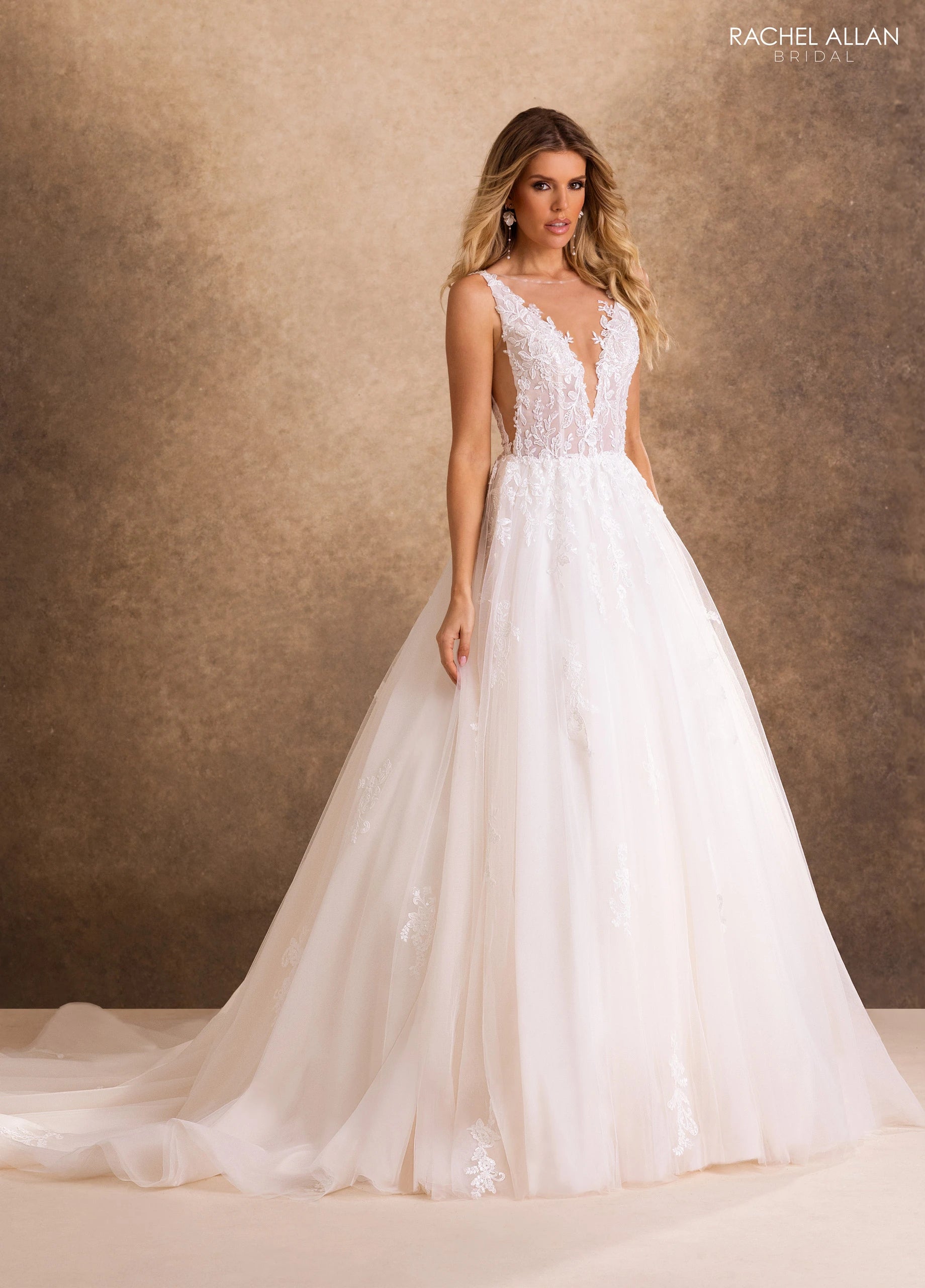 V-Neck Floor-Length with T in Tulle Wedding Dress A-Line Rachel Allan RB4257
