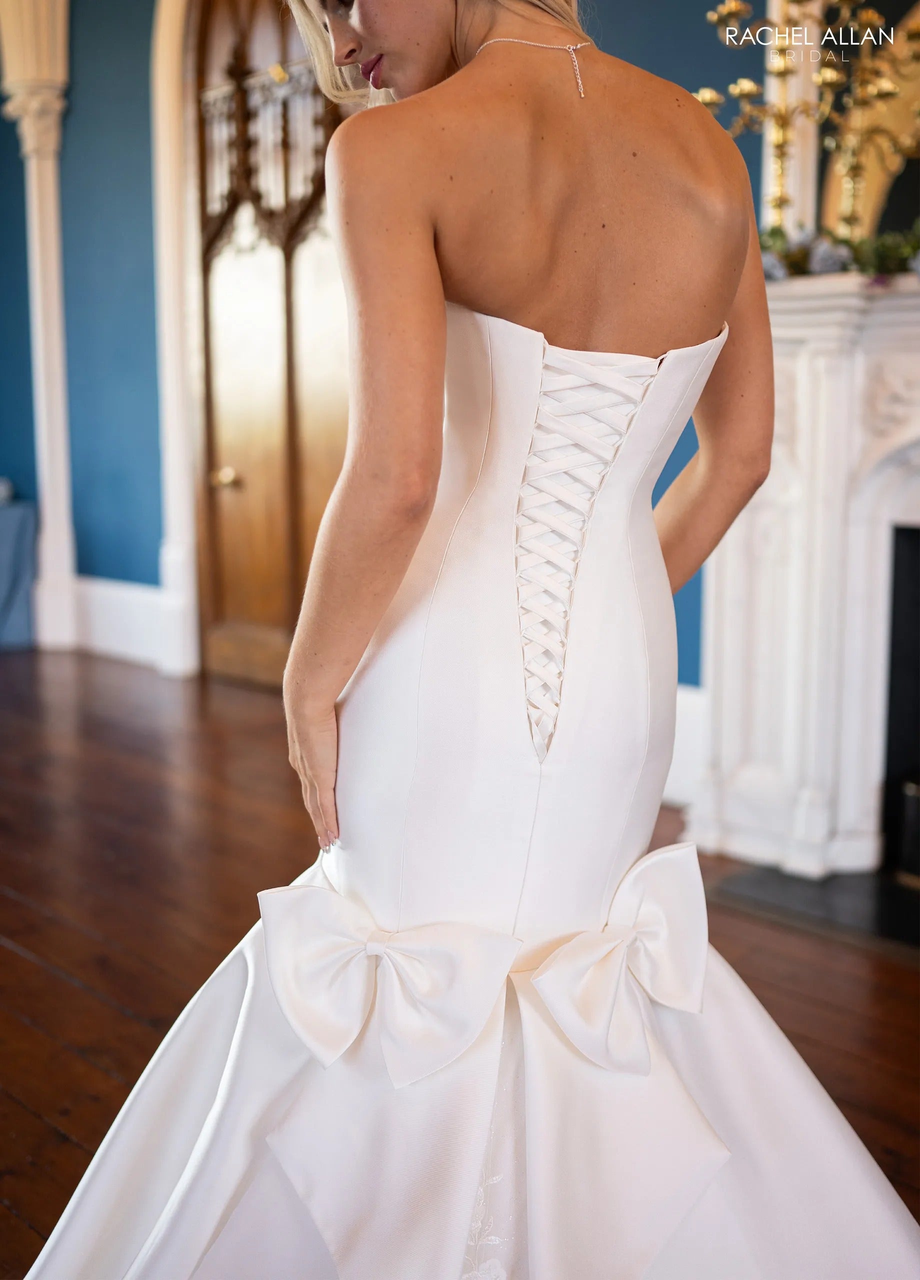 Ivory Strapless Floor-Length Satin Wedding Mermaid Gown with Bow Detail Rachel Allan RB4230