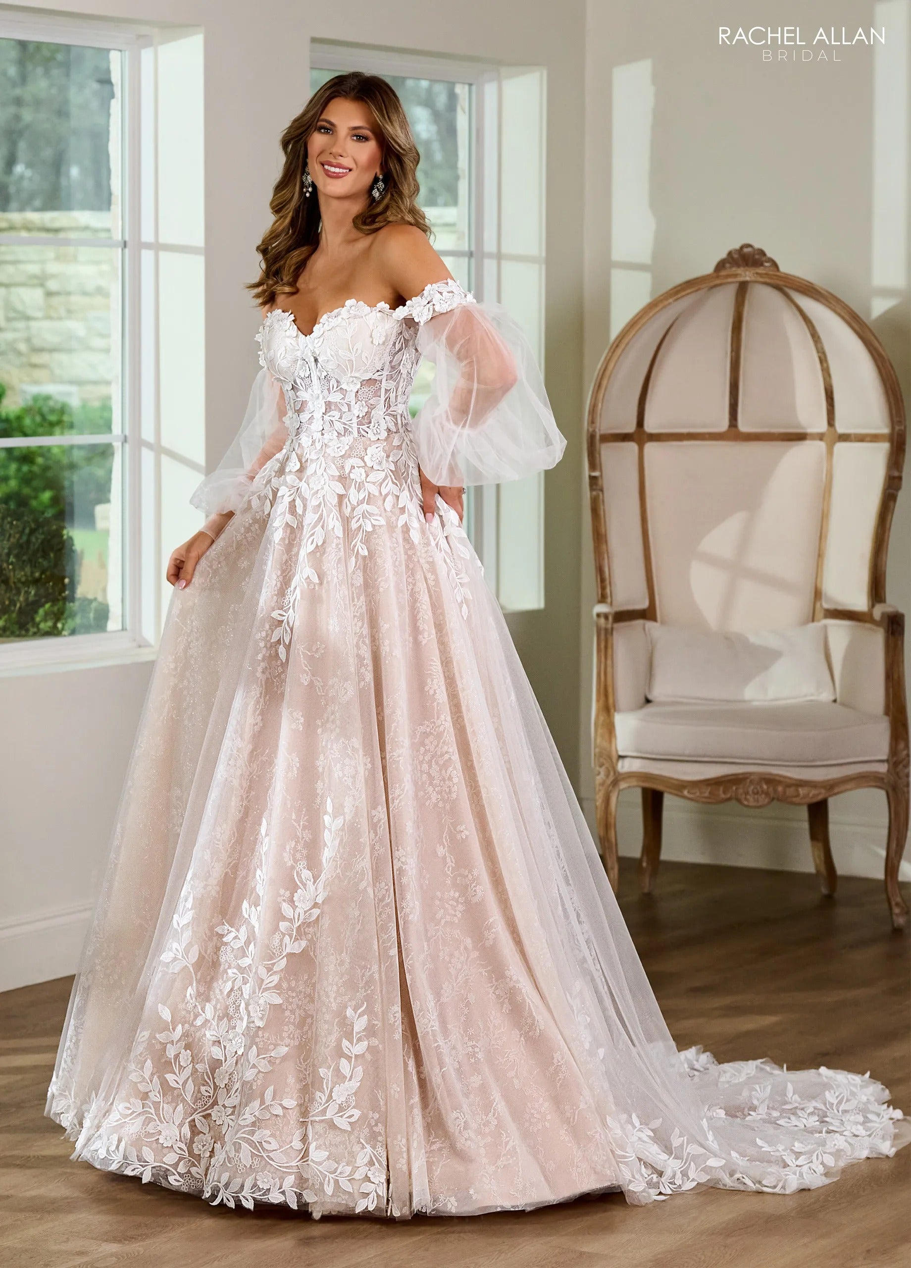 Ivory Nude Off-Shoulder Sweetheart Floor-Length Tulle Lace Bridal A-Line Gown with Train Rachel Allan RB4189