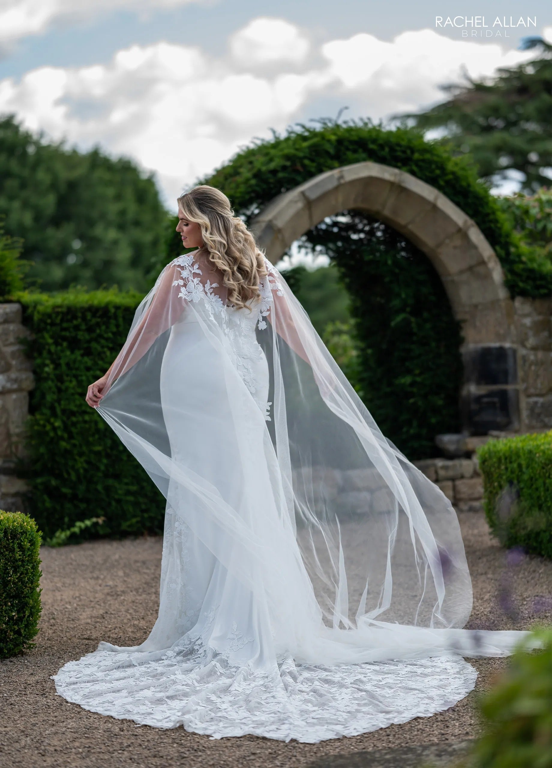 Ivory Square Floor-Length Crepe Bridal Mermaid Gown with Lace Cape Rachel Allan RB4236