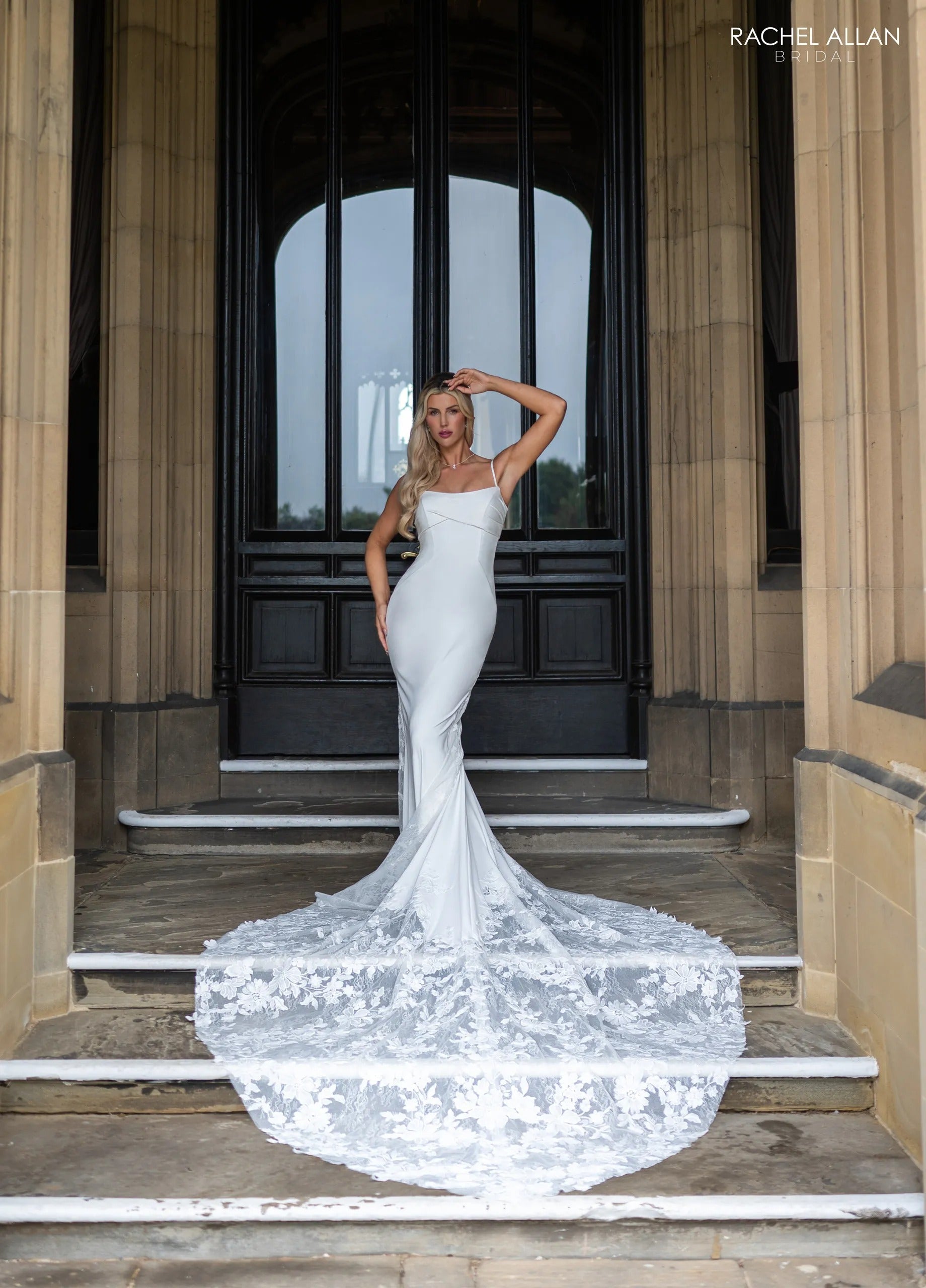 Ivory Square Floor-Length Crepe Bridal Mermaid Gown with Lace Cape Rachel Allan RB4236