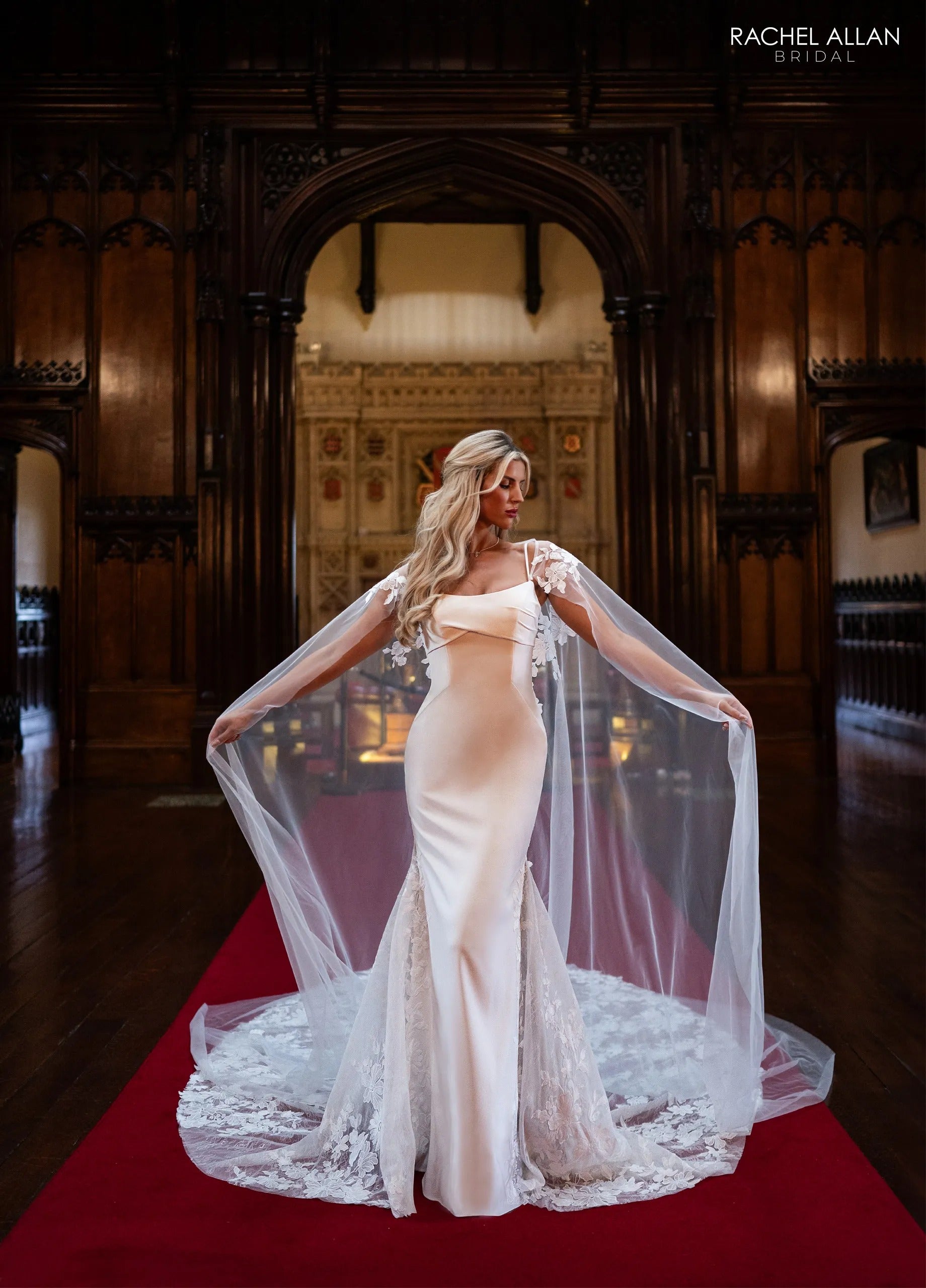 Ivory Square Floor-Length Crepe Bridal Mermaid Gown with Lace Cape Rachel Allan RB4236