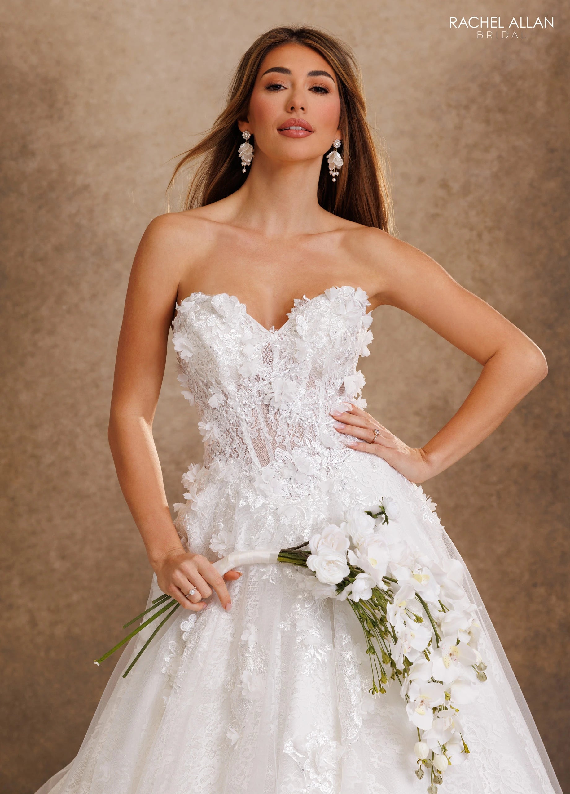 Strapless Curved Neck Floor-Length Lace Wedding Dress A-Line Rachel Allan RB4249