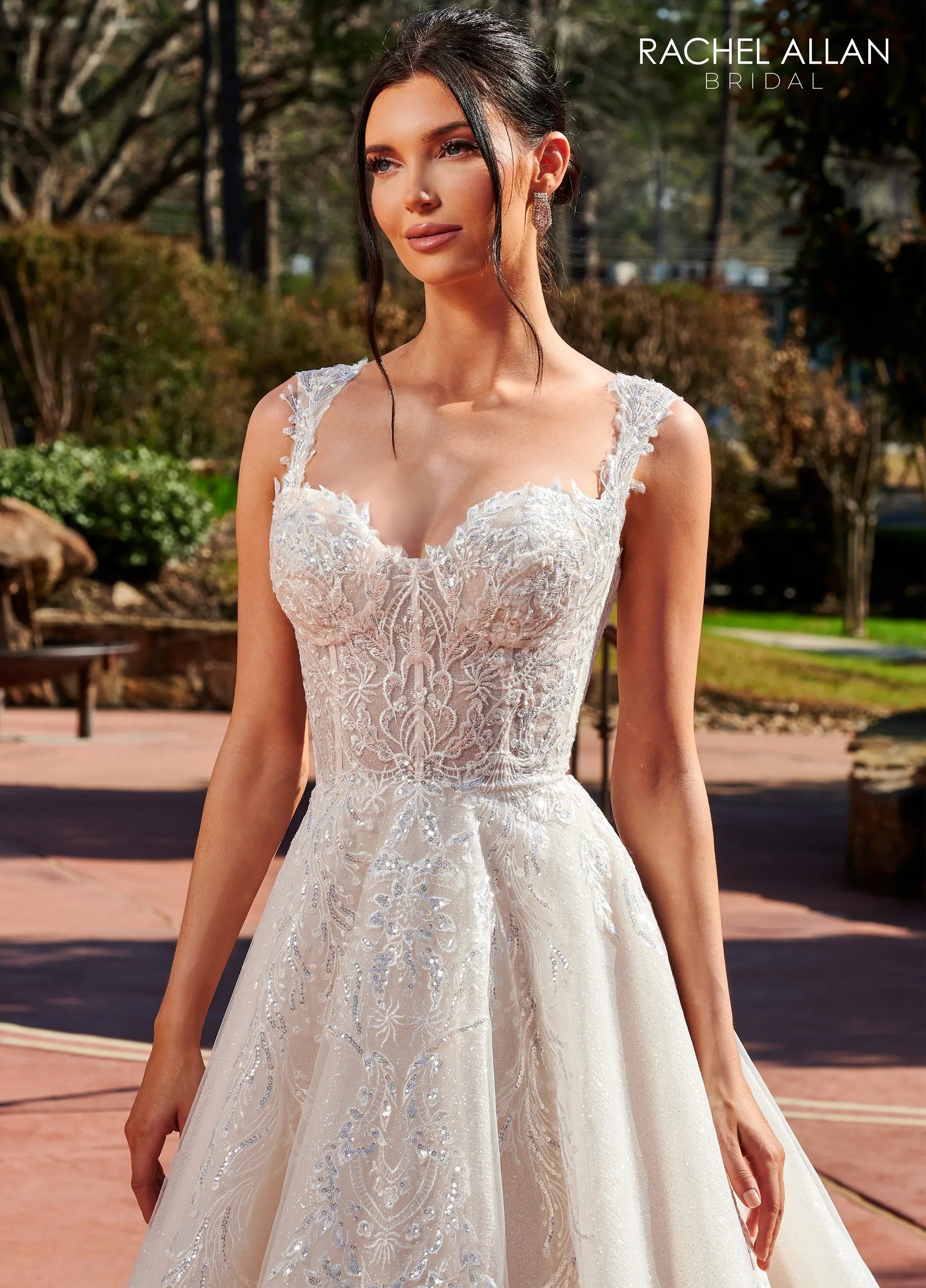 Ivory Champagne Sweetheart Floor-Length Glitter Tulle Wedding A-Line Gown with Detachable Liner Rachel Allan RB4153