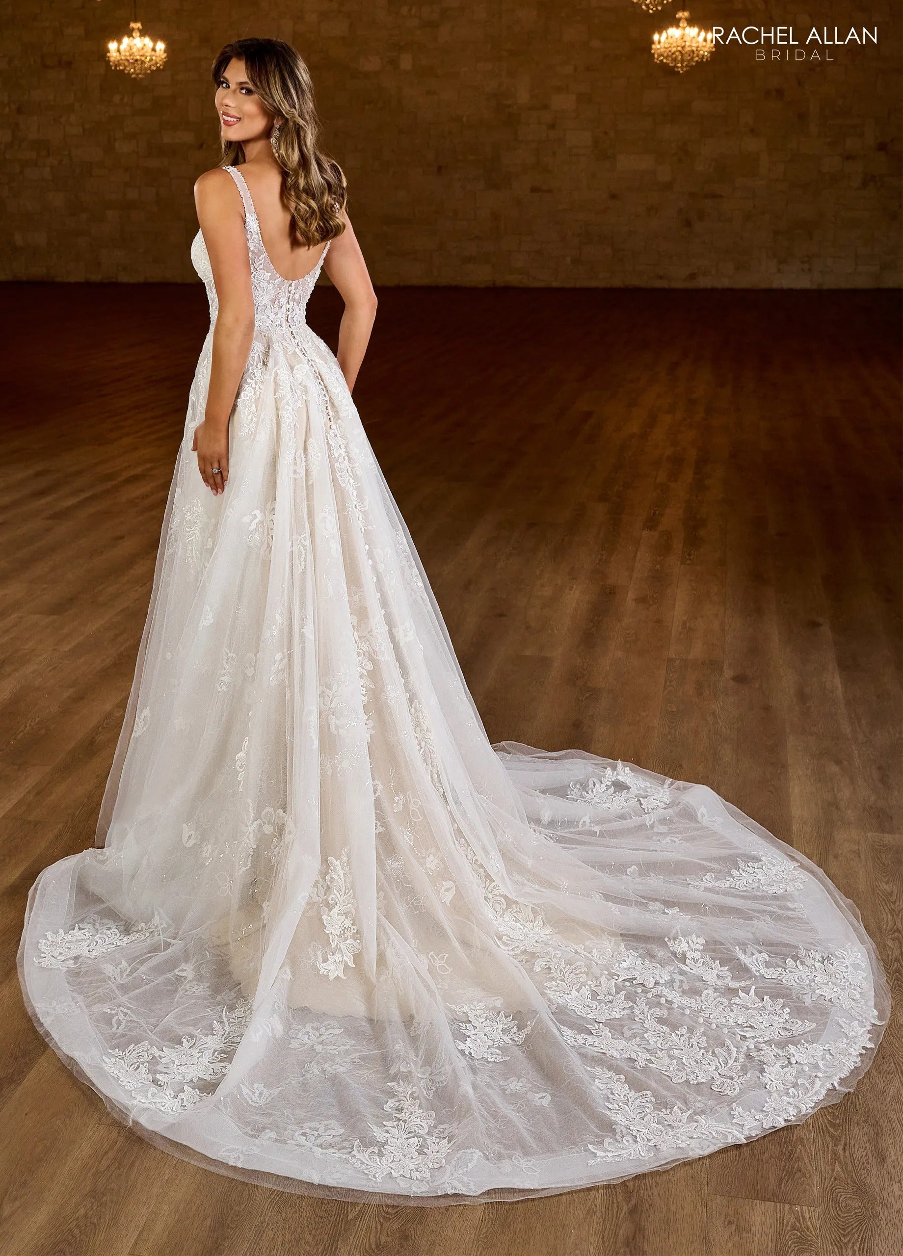 Ivory Nude Double Spaghetti Strap A-Line Wedding Dress with Front Slit and Floral Embroidery Rachel Allan RB4186