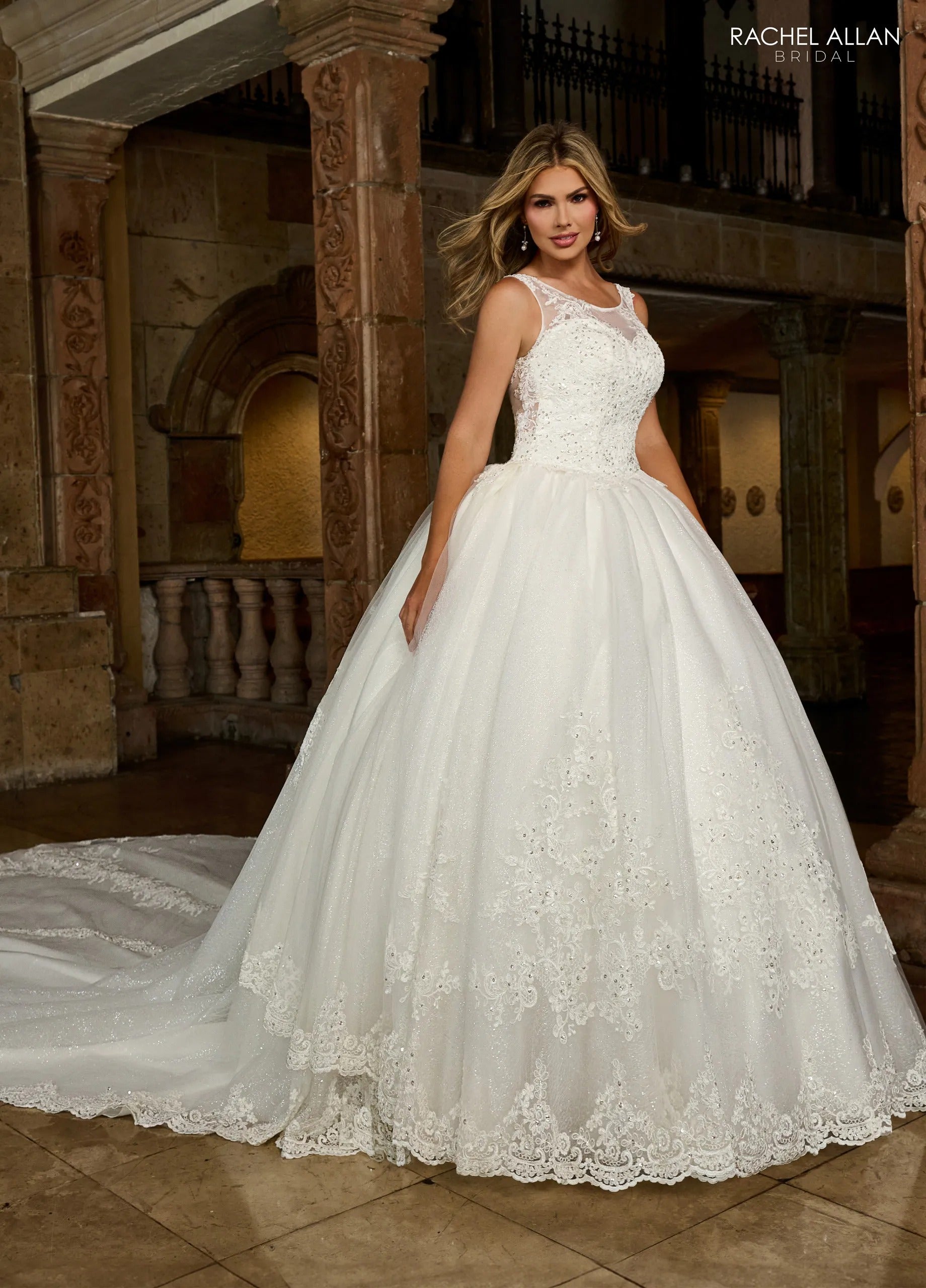 Ivory Illusion Sweetheart Floor-Length Sparkling Tulle Wedding Ball Gown with Detachable Royal Train Rachel Allan 6364