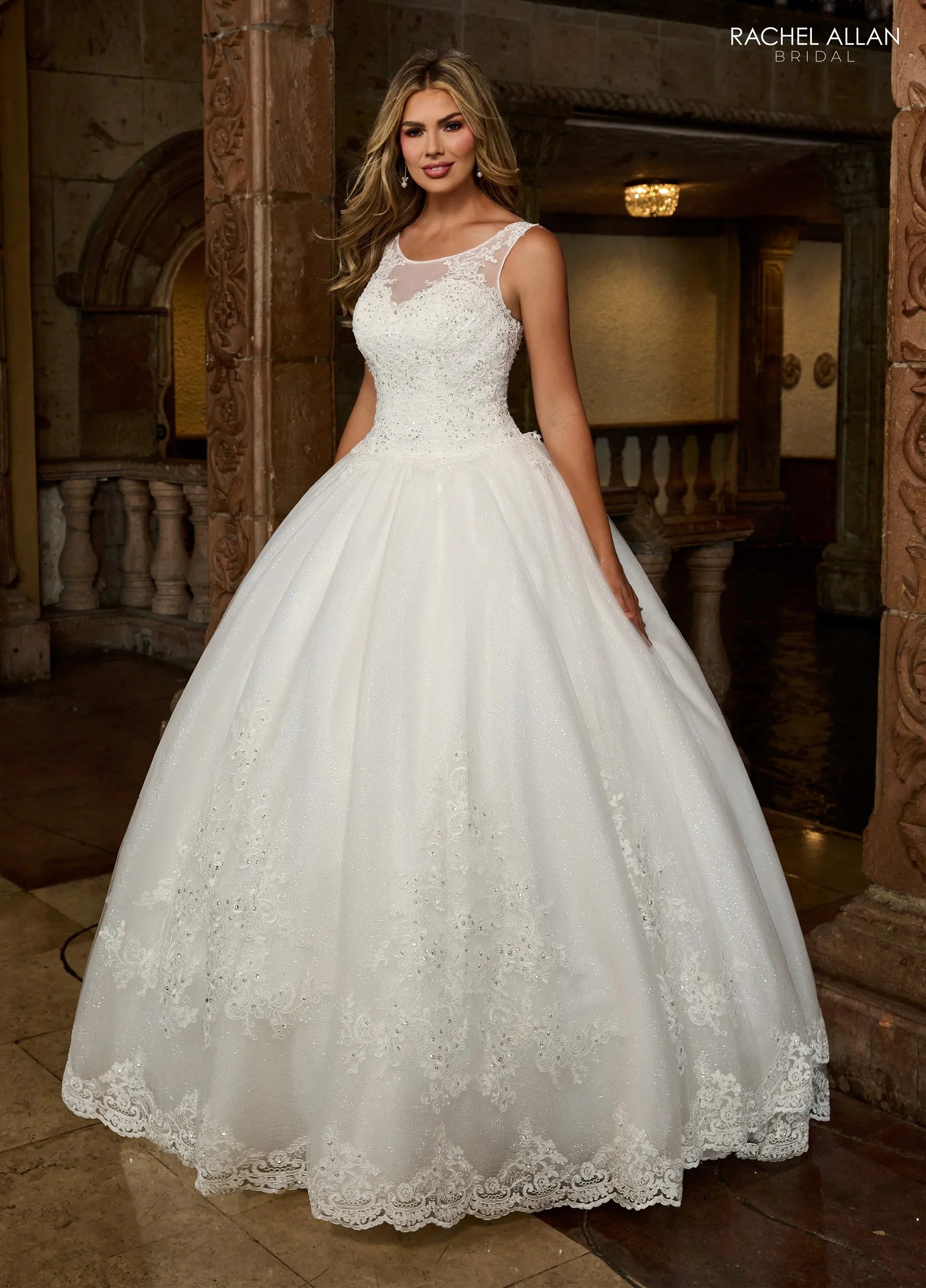 Ivory Illusion Sweetheart Floor-Length Sparkling Tulle Wedding Ball Gown with Detachable Royal Train Rachel Allan 6364