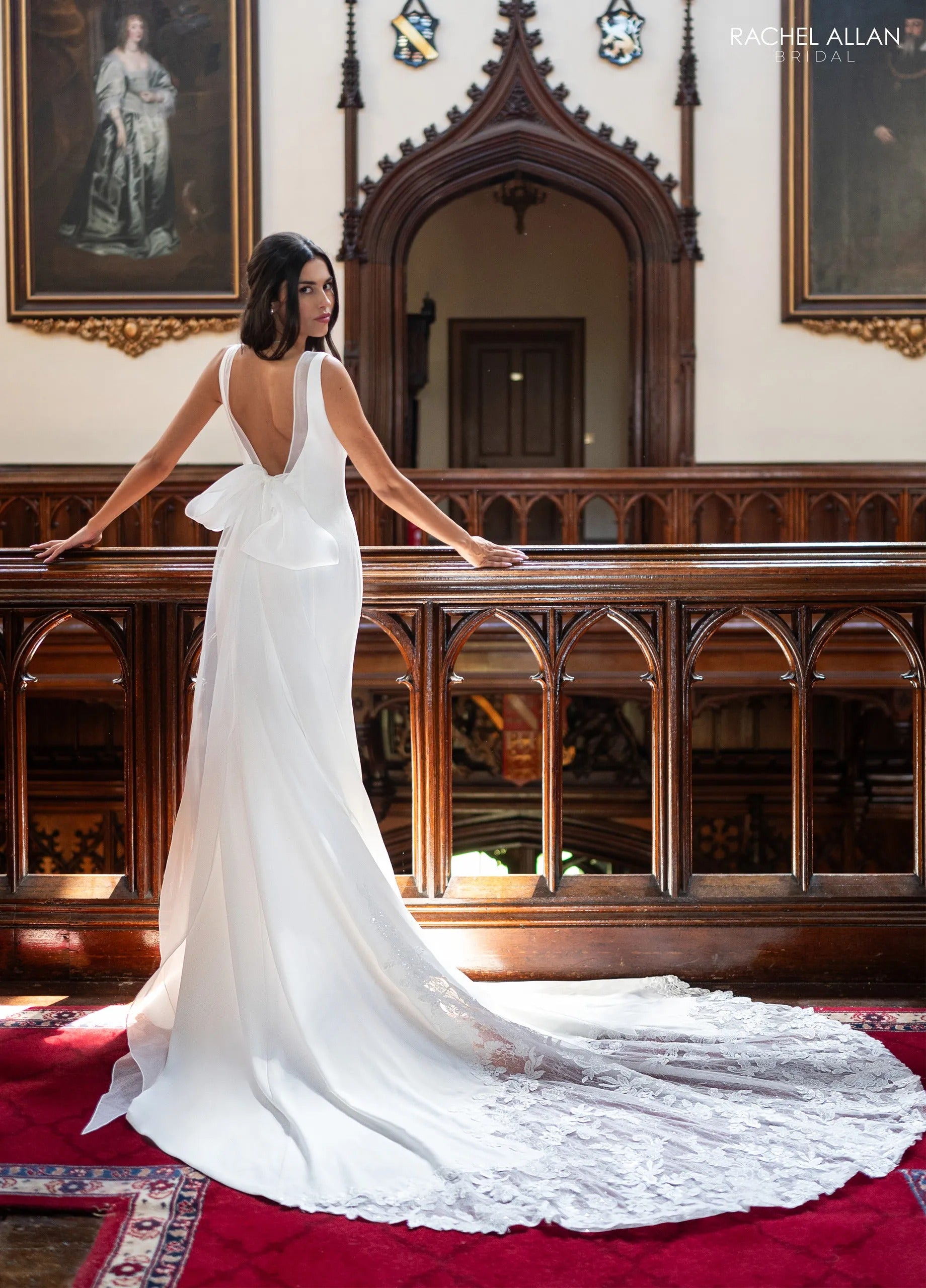 Ivory V-Neck Floor-Length Crepe Wedding Mermaid Gown with Organza Bow Rachel Allan RB4232