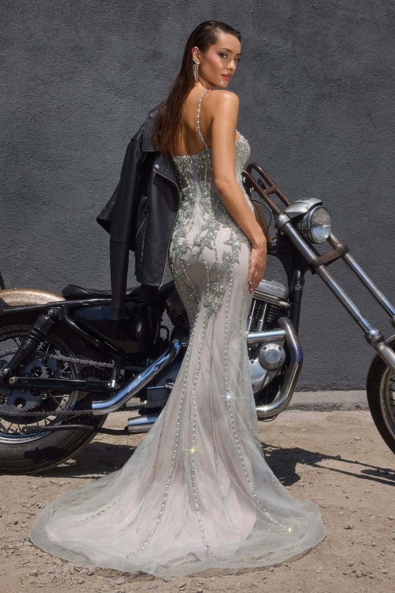 Prom Dresses Long Fitted Formal Beaded Sequin Prom Dress SILVER-NUDE