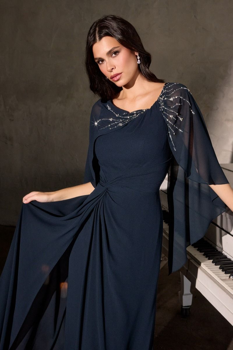 Mother of the Bride Dresses Cape Long Formal Beaded Mother of the Bride Dress Navy